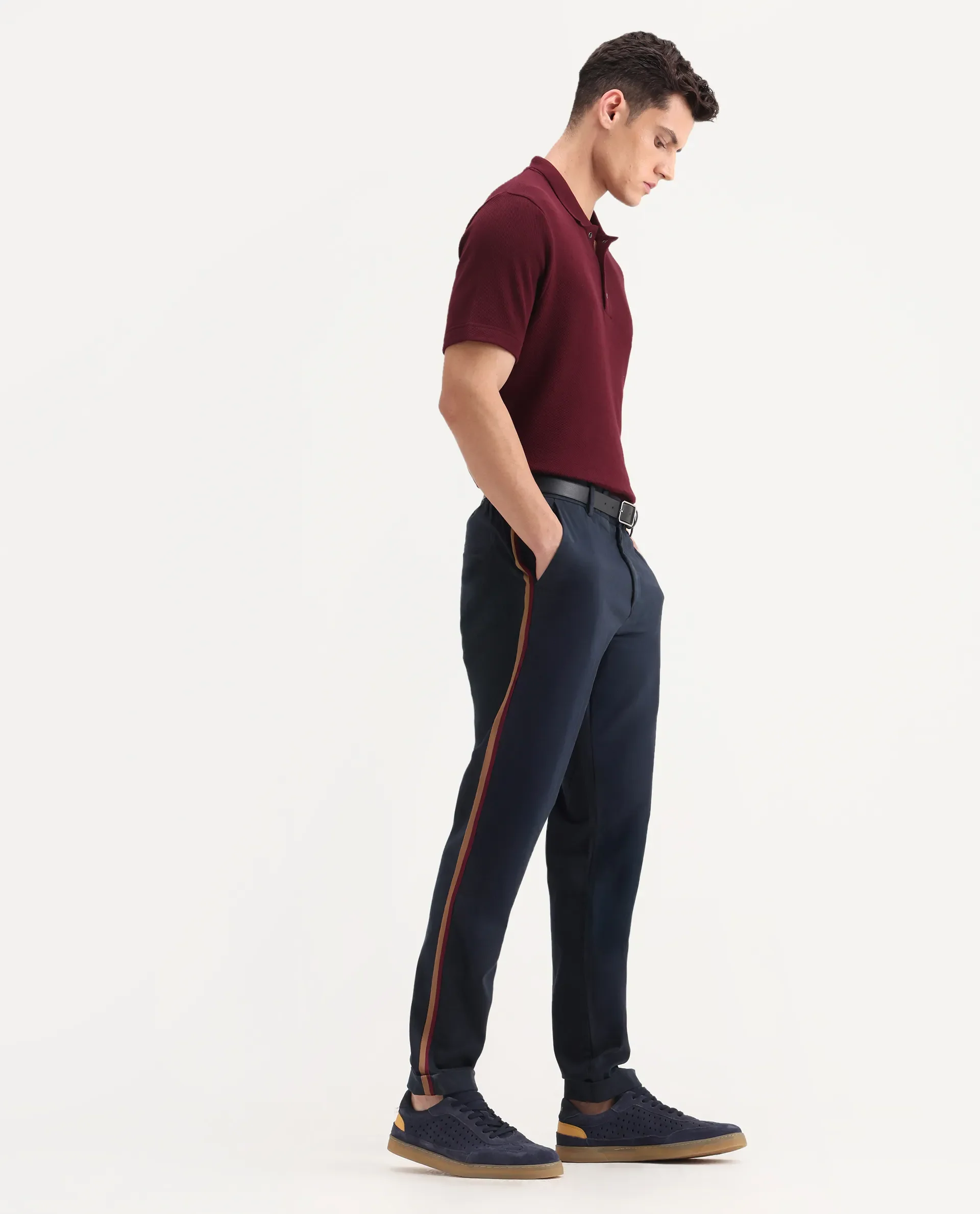 Rare Rabbit Men's Caloon Navy Cotton Blend Plain Regular Fit Trouser