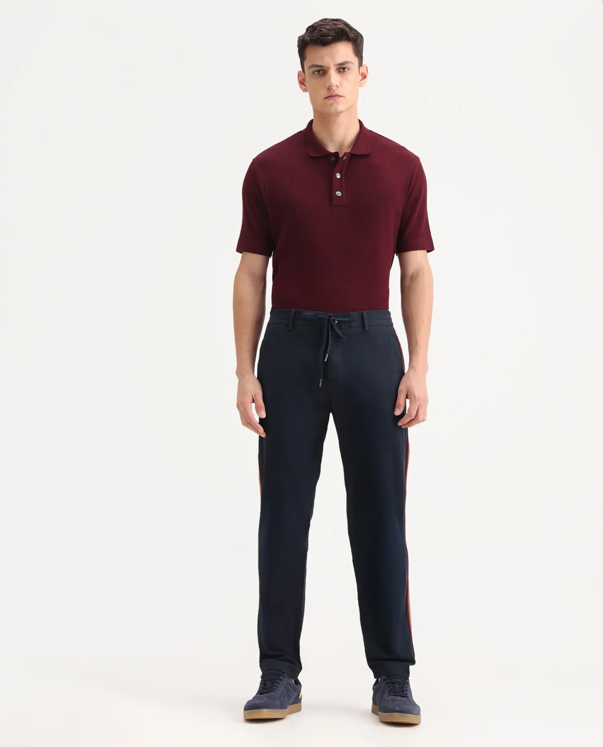 Rare Rabbit Men's Caloon Navy Cotton Blend Plain Regular Fit Trouser - Image 4
