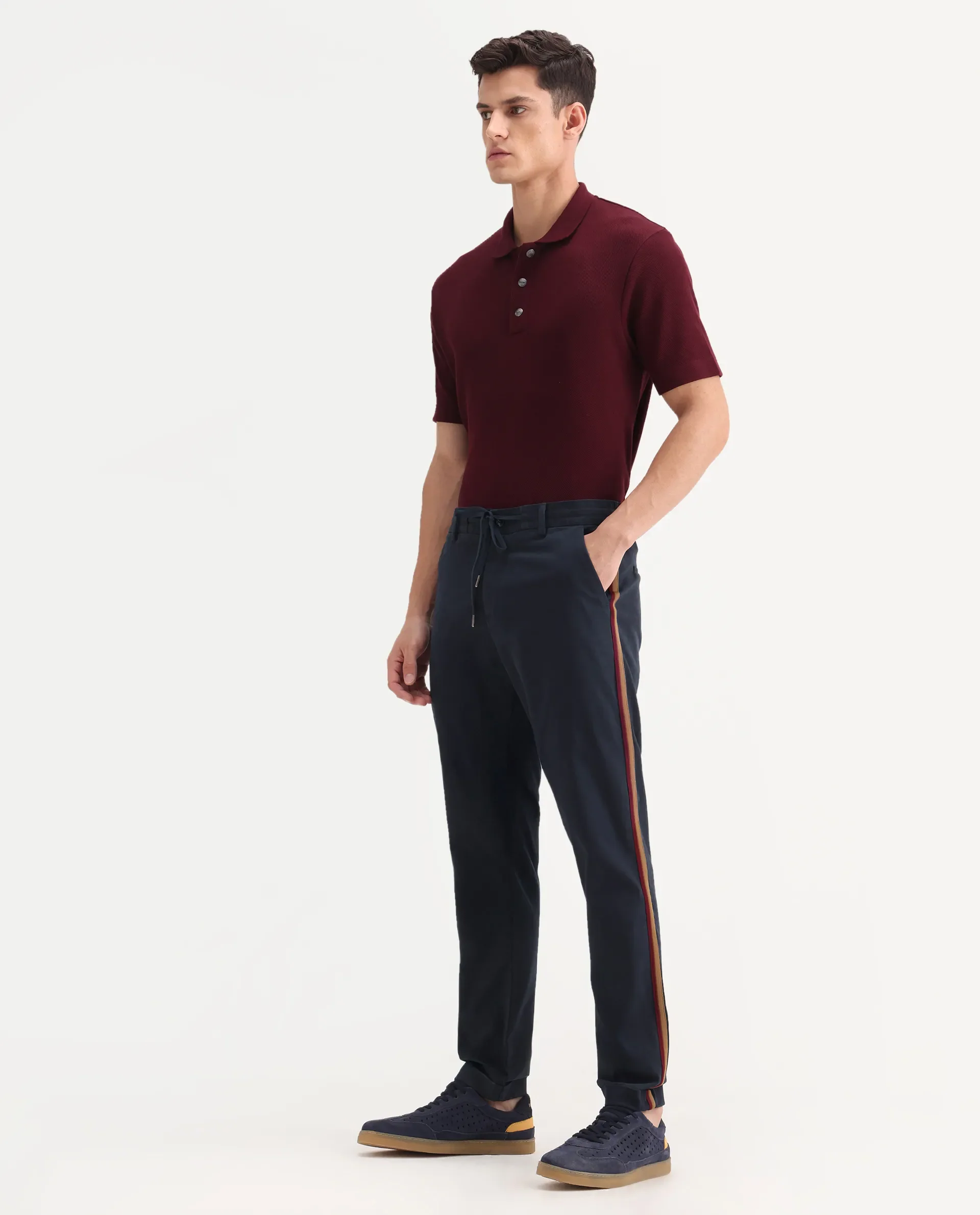 Rare Rabbit Men's Caloon Navy Cotton Blend Plain Regular Fit Trouser - Image 5