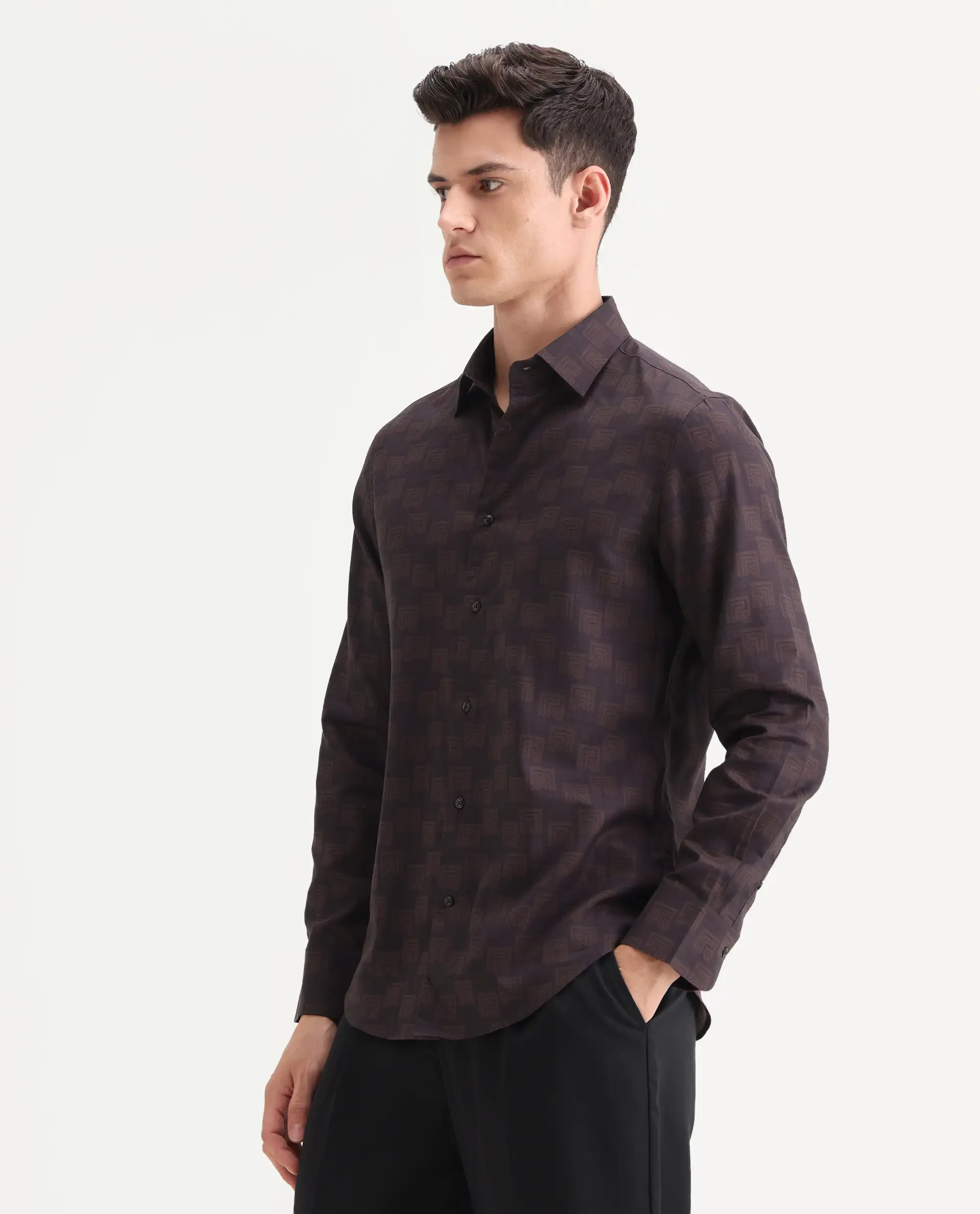 Rare Rabbit Men's Calor Dark Red Cotton Blend Fabric Spread Collar Regular Fit Monogram Print Shirt - Image 4
