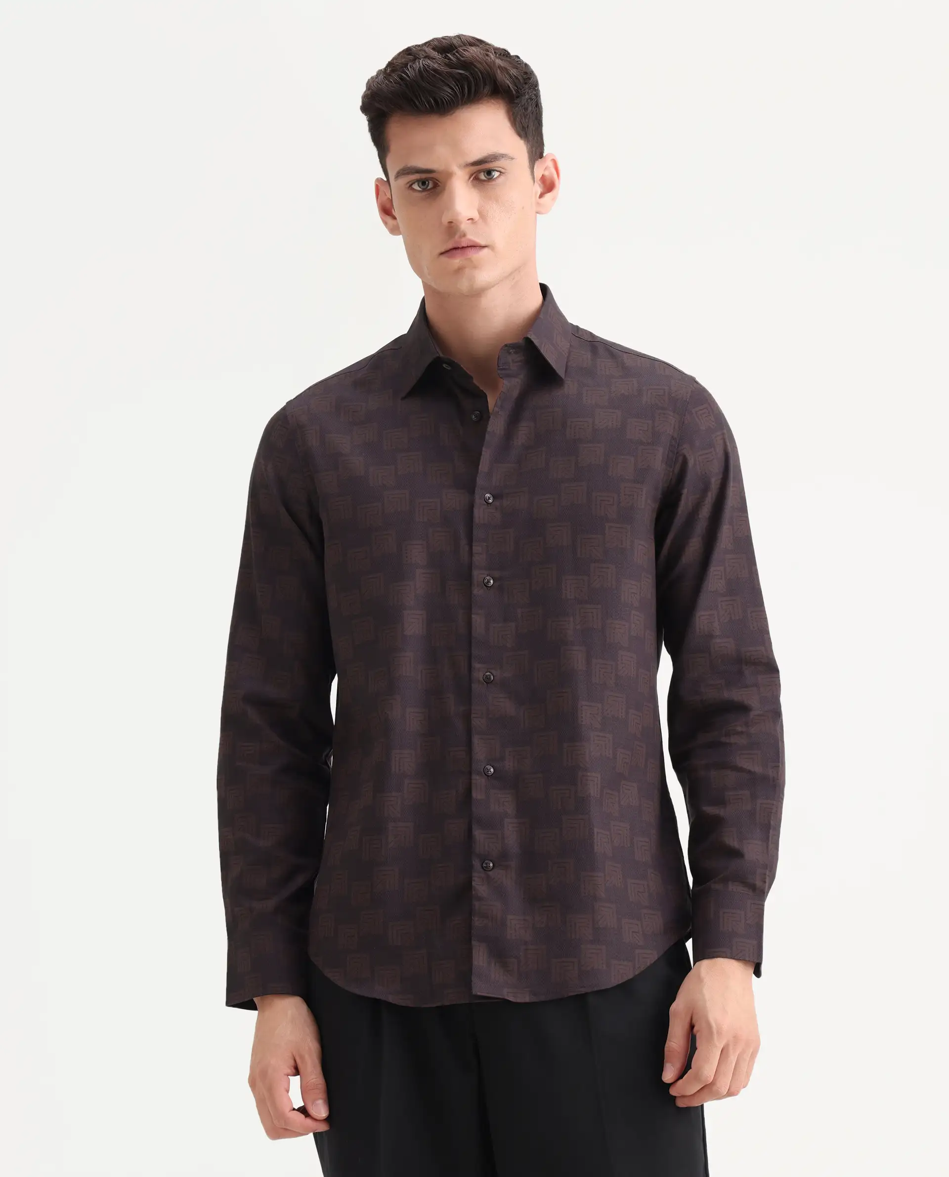 Rare Rabbit Men's Calor Dark Red Cotton Blend Fabric Spread Collar Regular Fit Monogram Print Shirt - Image 5