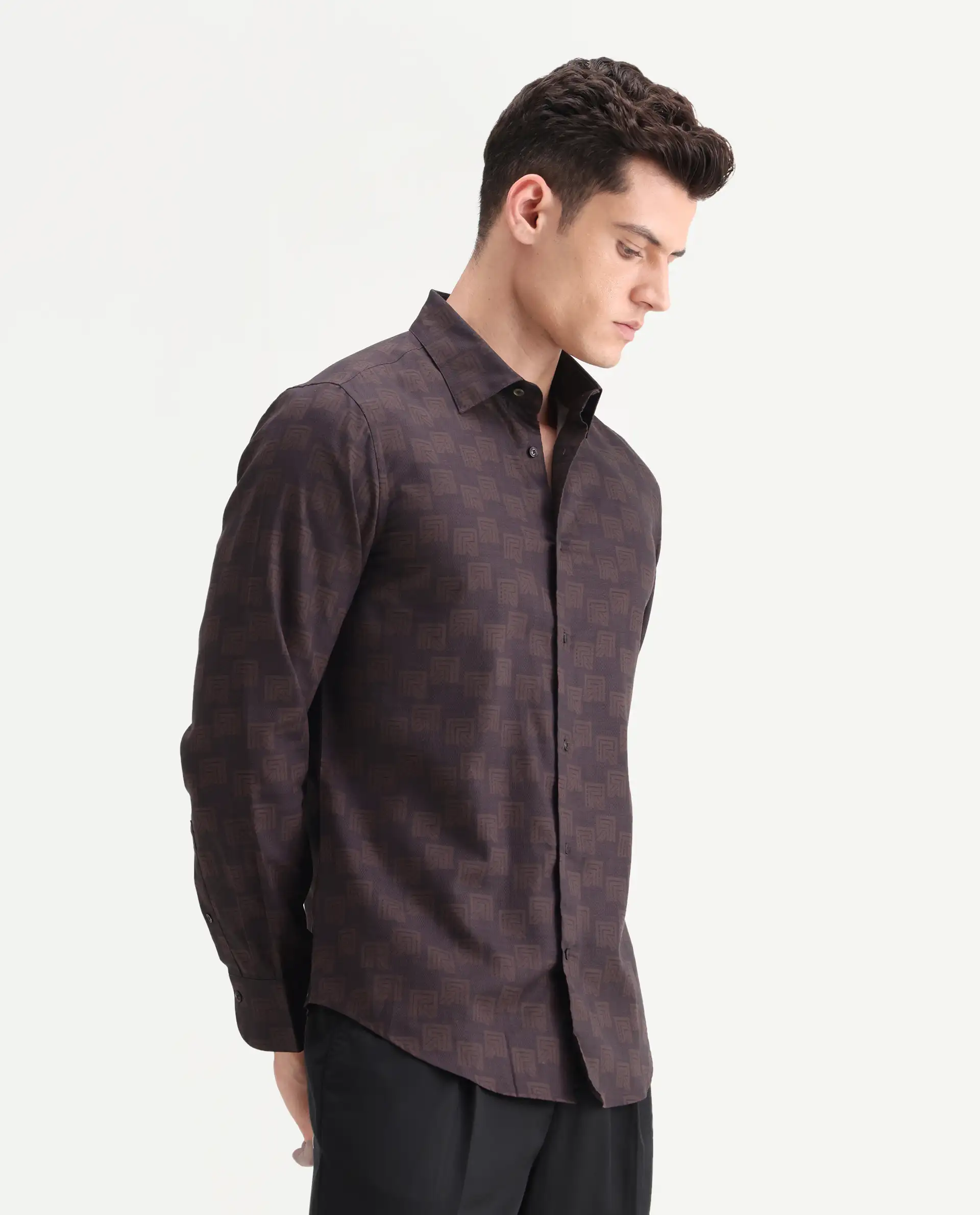 Rare Rabbit Men's Calor Dark Red Cotton Blend Fabric Spread Collar Regular Fit Monogram Print Shirt - Image 6