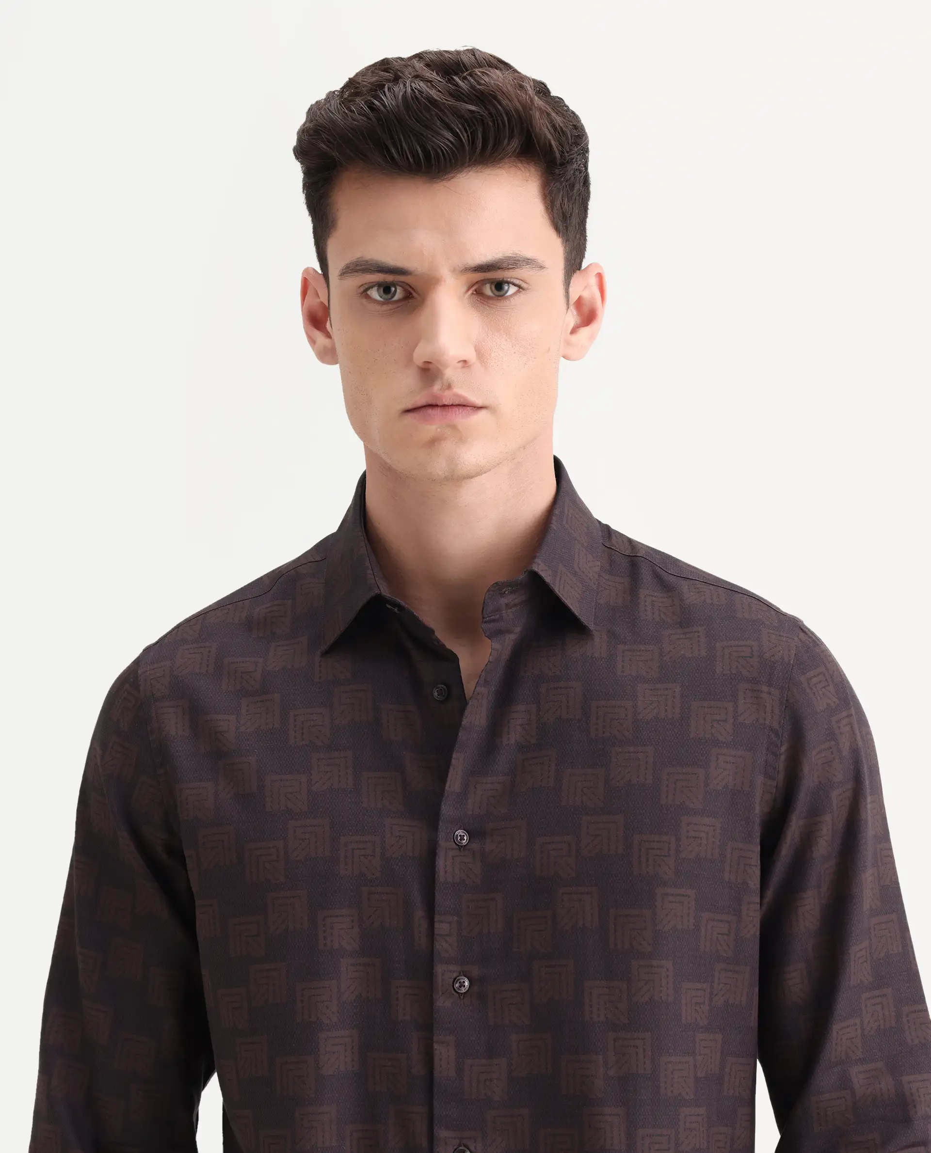 Rare Rabbit Men's Calor Dark Red Cotton Blend Fabric Spread Collar Regular Fit Monogram Print Shirt - Image 7