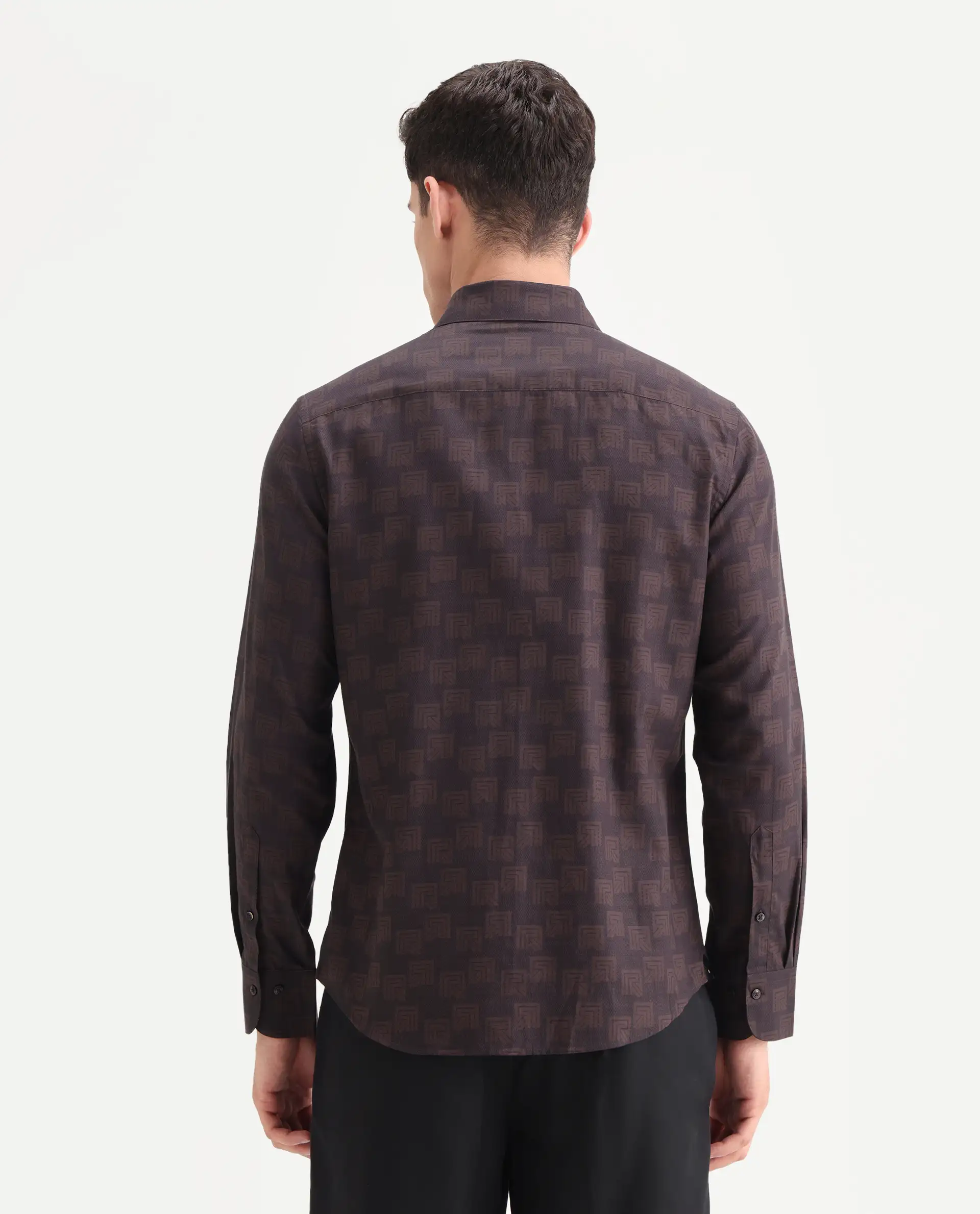 Rare Rabbit Men's Calor Dark Red Cotton Blend Fabric Spread Collar Regular Fit Monogram Print Shirt - Image 8