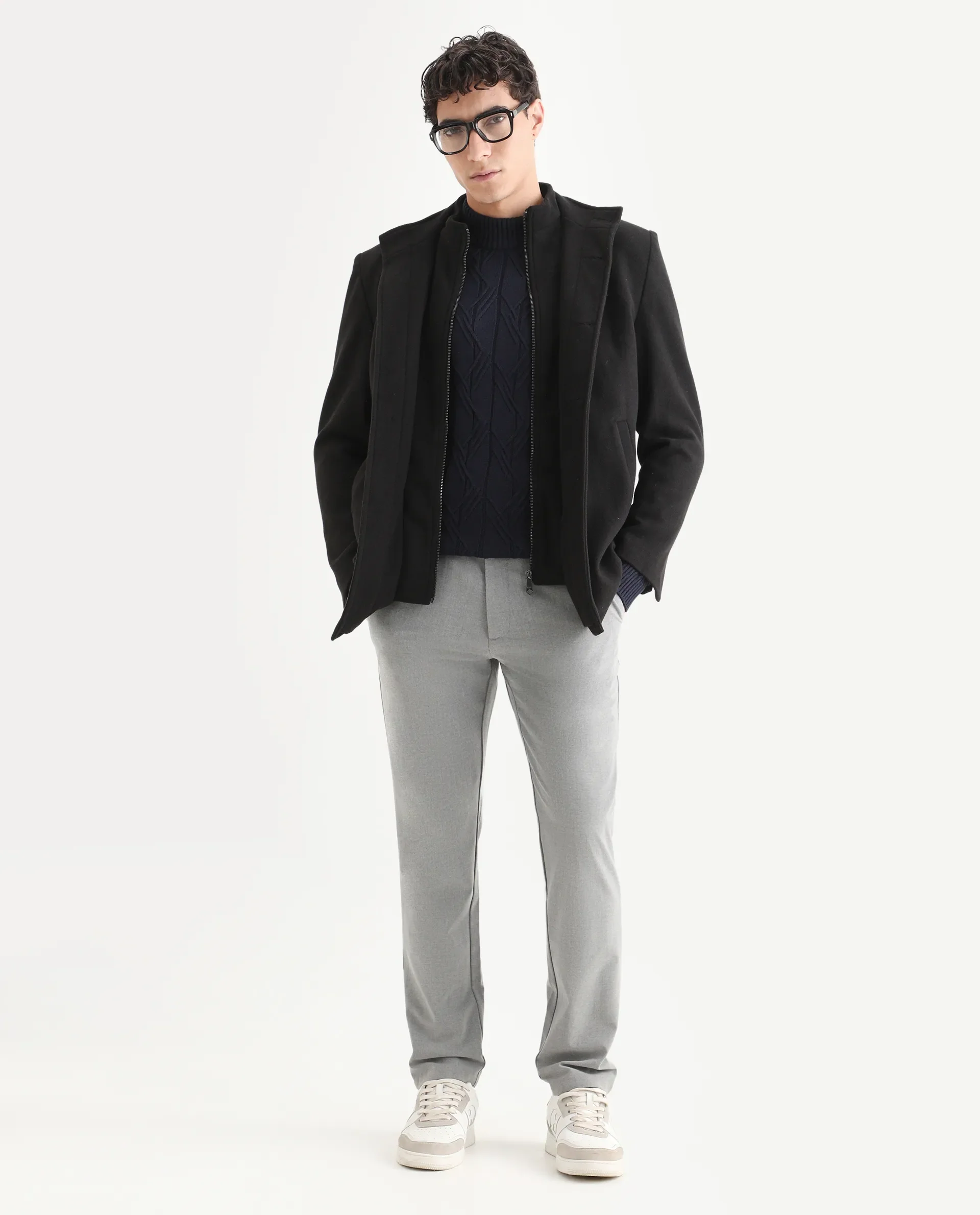 Rare Rabbit Men's Caloz Navy Cotton Textured Regular Fit Full Sleeve High Neck Sweater - Image 2