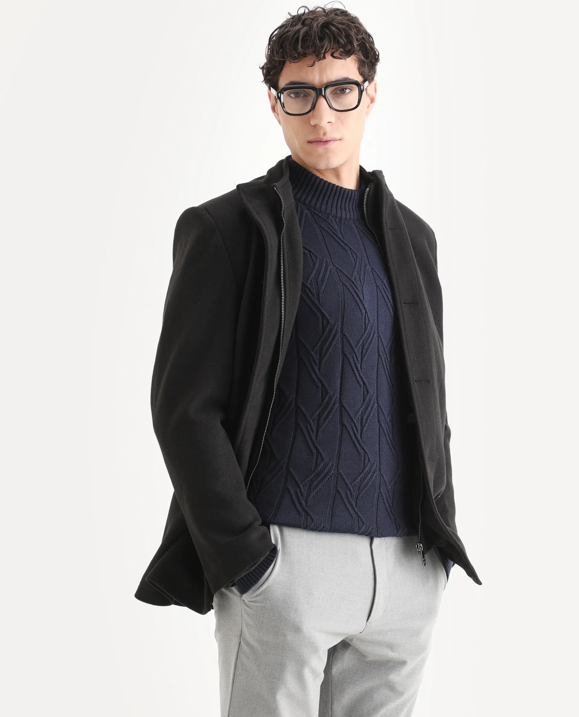 Rare Rabbit Men's Caloz Navy Cotton Textured Regular Fit Full Sleeve High Neck Sweater - Image 3