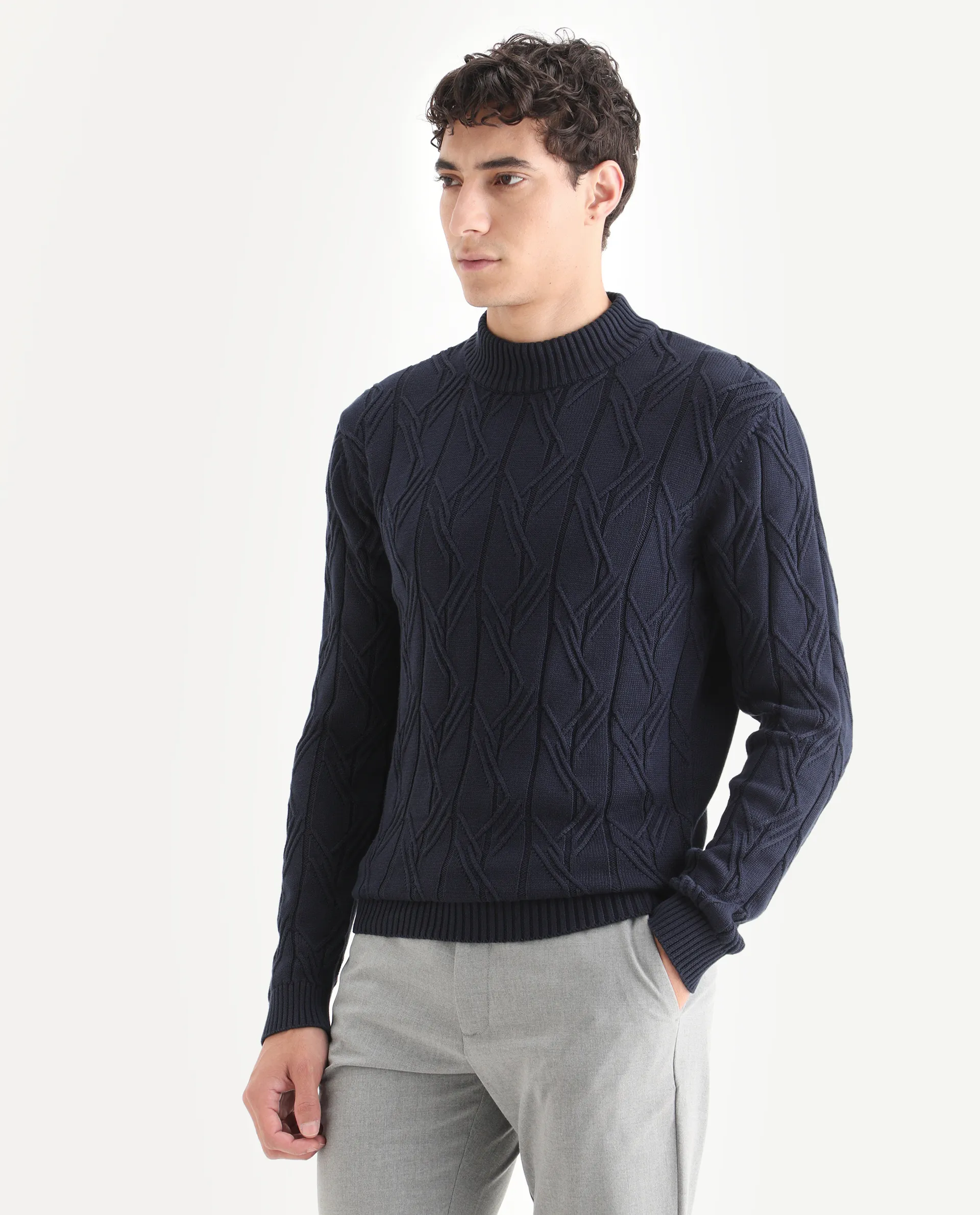 Rare Rabbit Men's Caloz Navy Cotton Textured Regular Fit Full Sleeve High Neck Sweater - Image 4