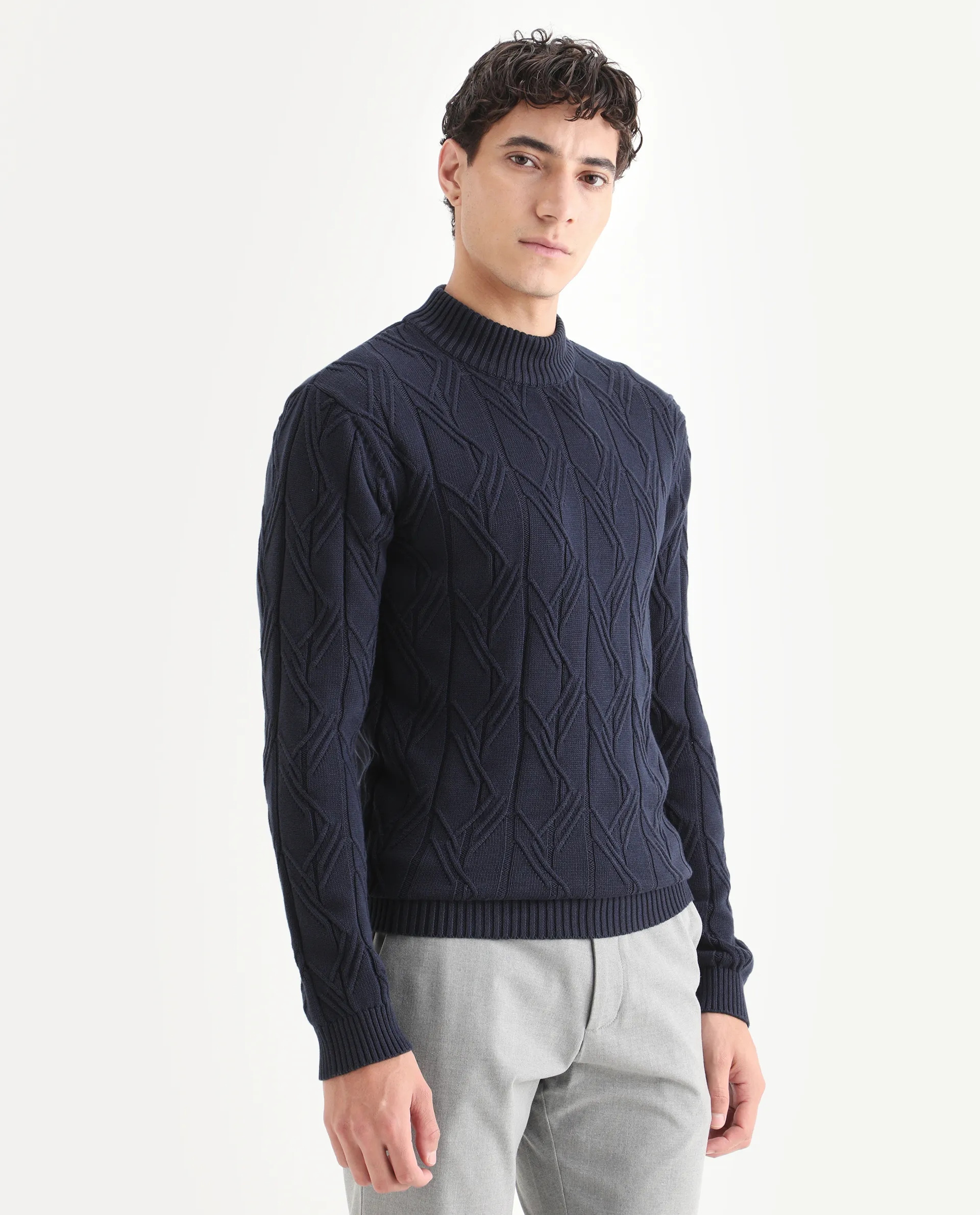 Rare Rabbit Men's Caloz Navy Cotton Textured Regular Fit Full Sleeve High Neck Sweater - Image 5
