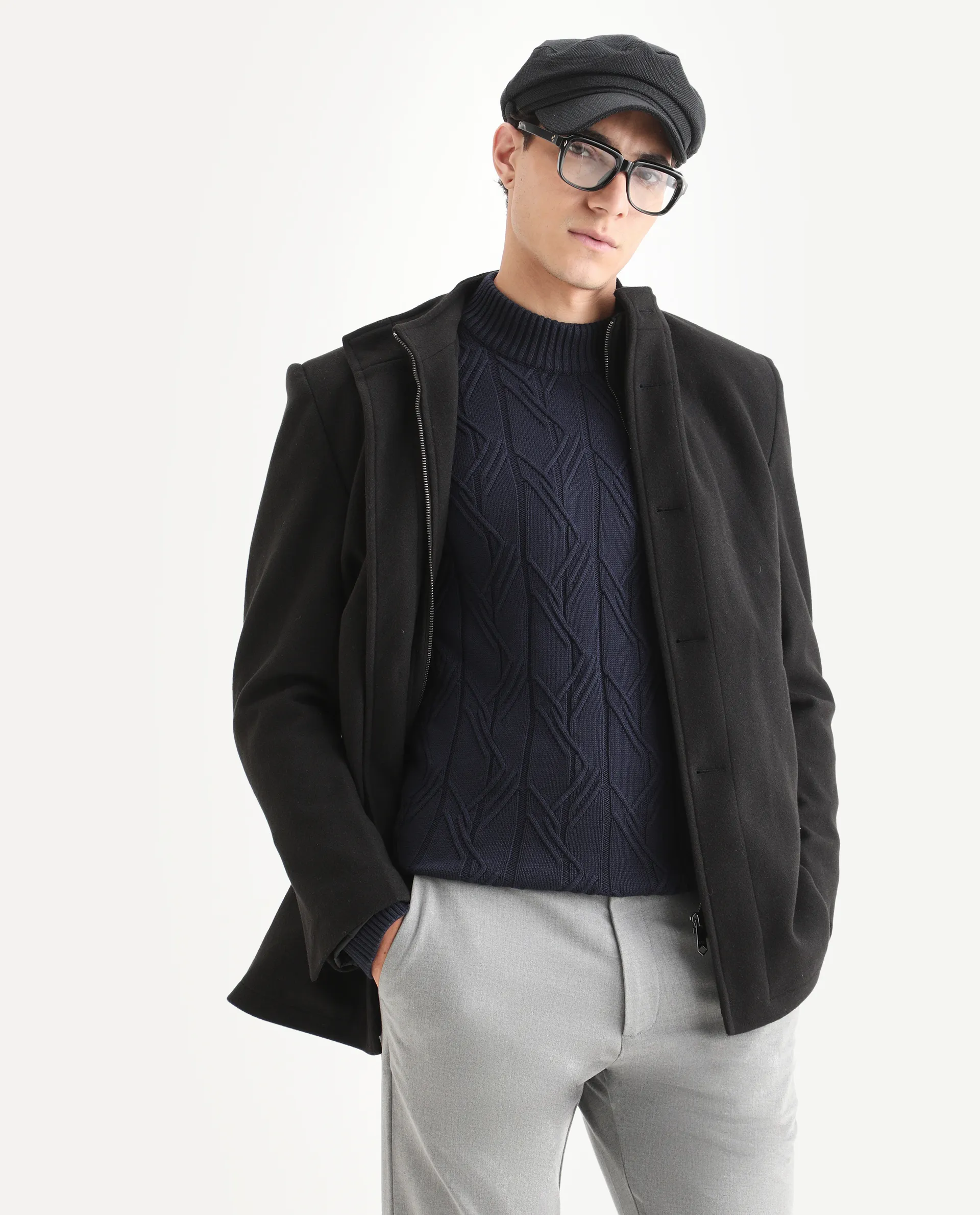 Rare Rabbit Men's Caloz Navy Cotton Textured Regular Fit Full Sleeve High Neck Sweater - Image 6