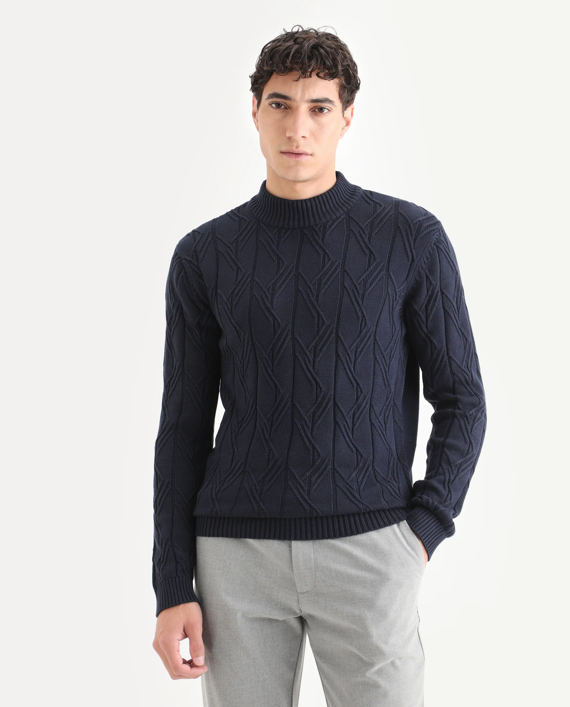 Rare Rabbit Men's Caloz Navy Cotton Textured Regular Fit Full Sleeve High Neck Sweater - Image 7