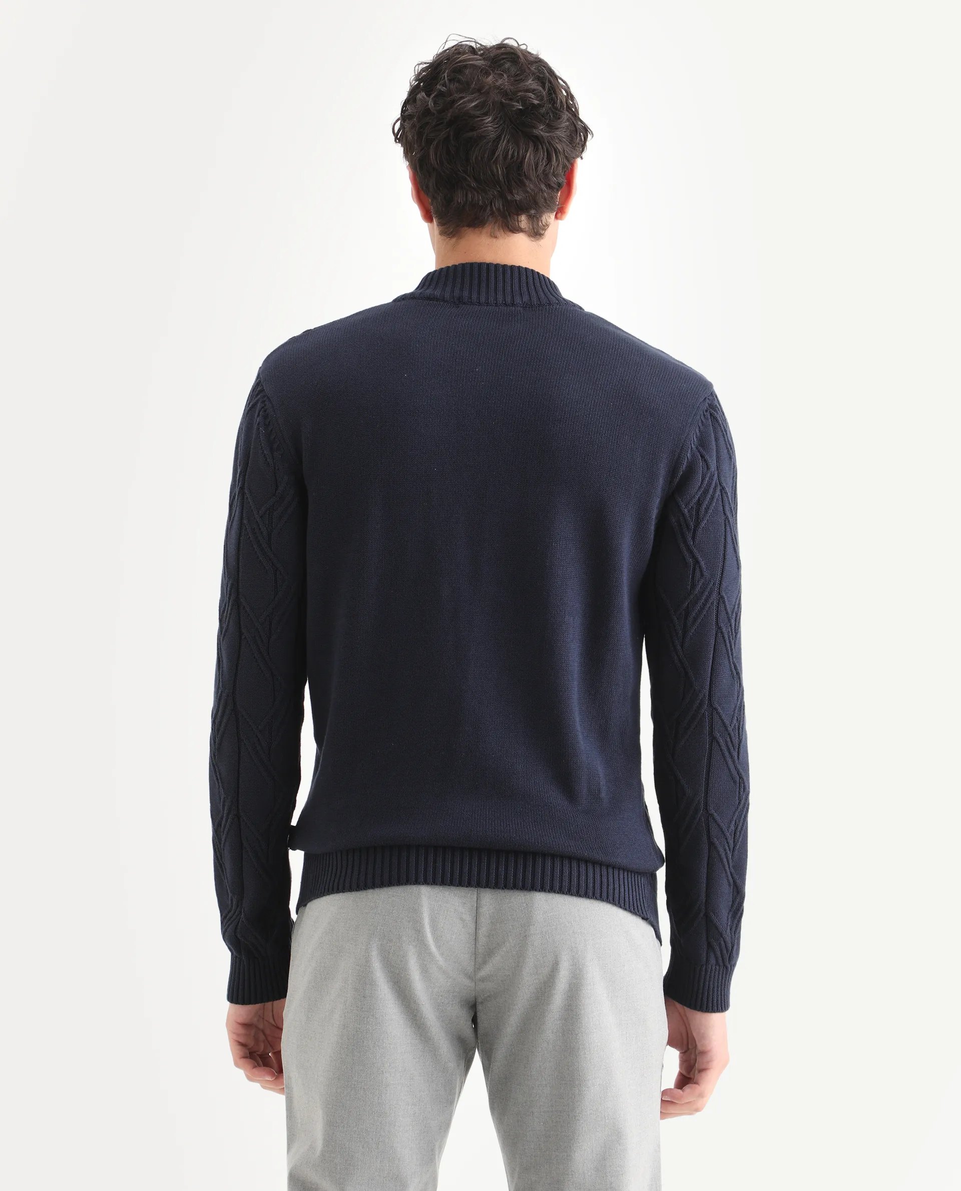 Rare Rabbit Men's Caloz Navy Cotton Textured Regular Fit Full Sleeve High Neck Sweater - Image 8