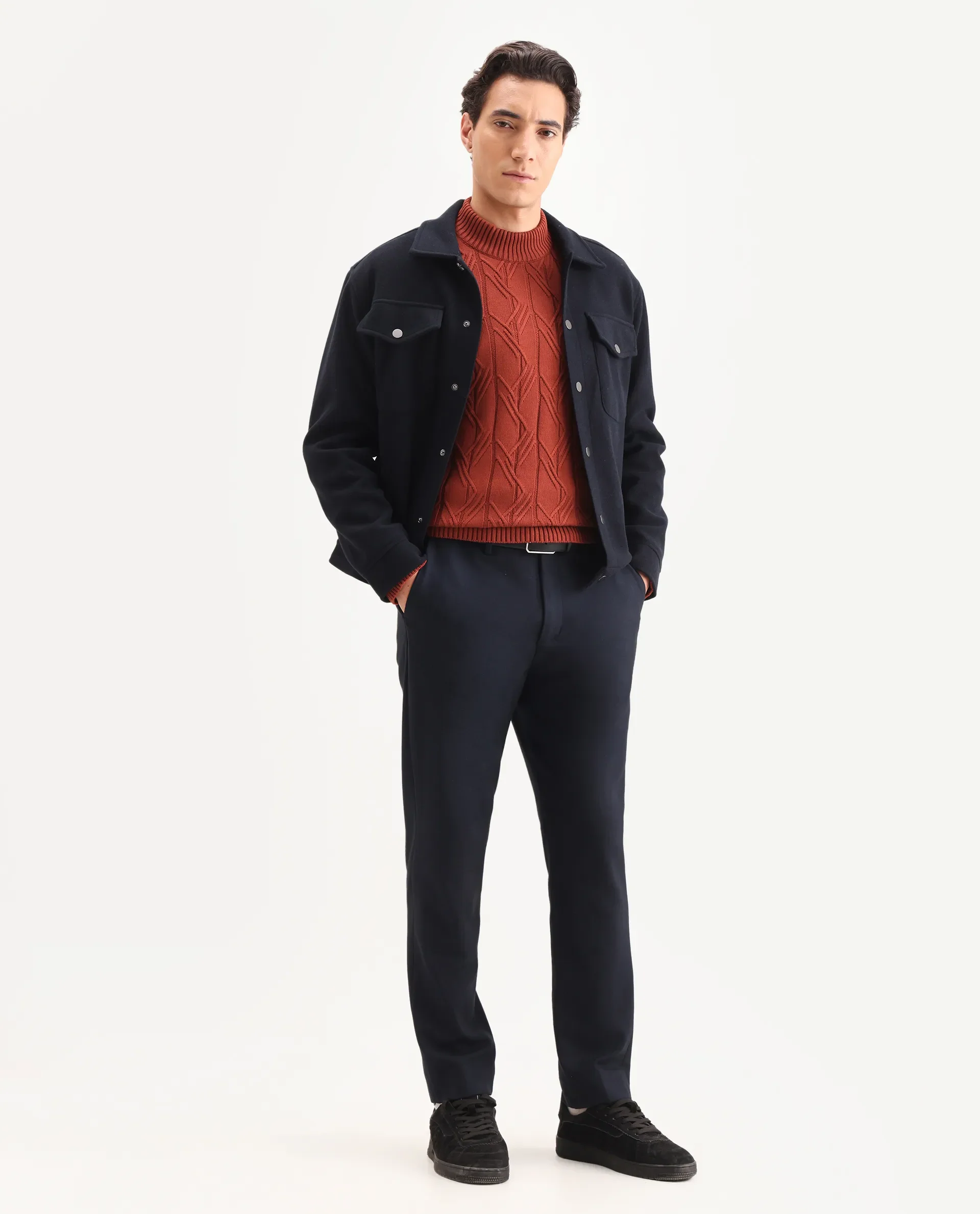 Rare Rabbit Men's Caloz Rust Cotton Textured Regular Fit Full Sleeve High Neck Sweater - Image 2