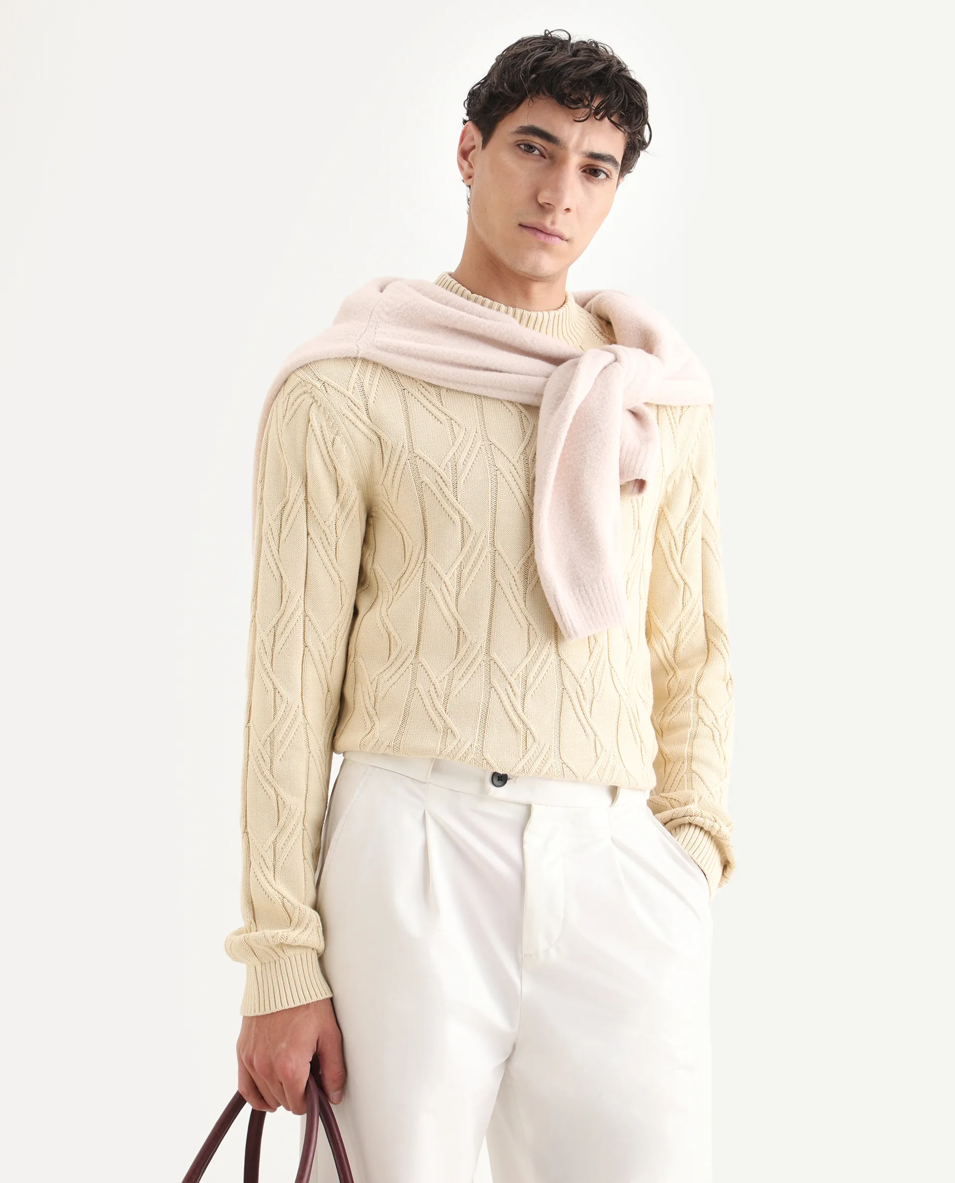 Rare Rabbit Men's Caloz Yellow Cotton Textured Regular Fit Full Sleeve High Neck Sweater
