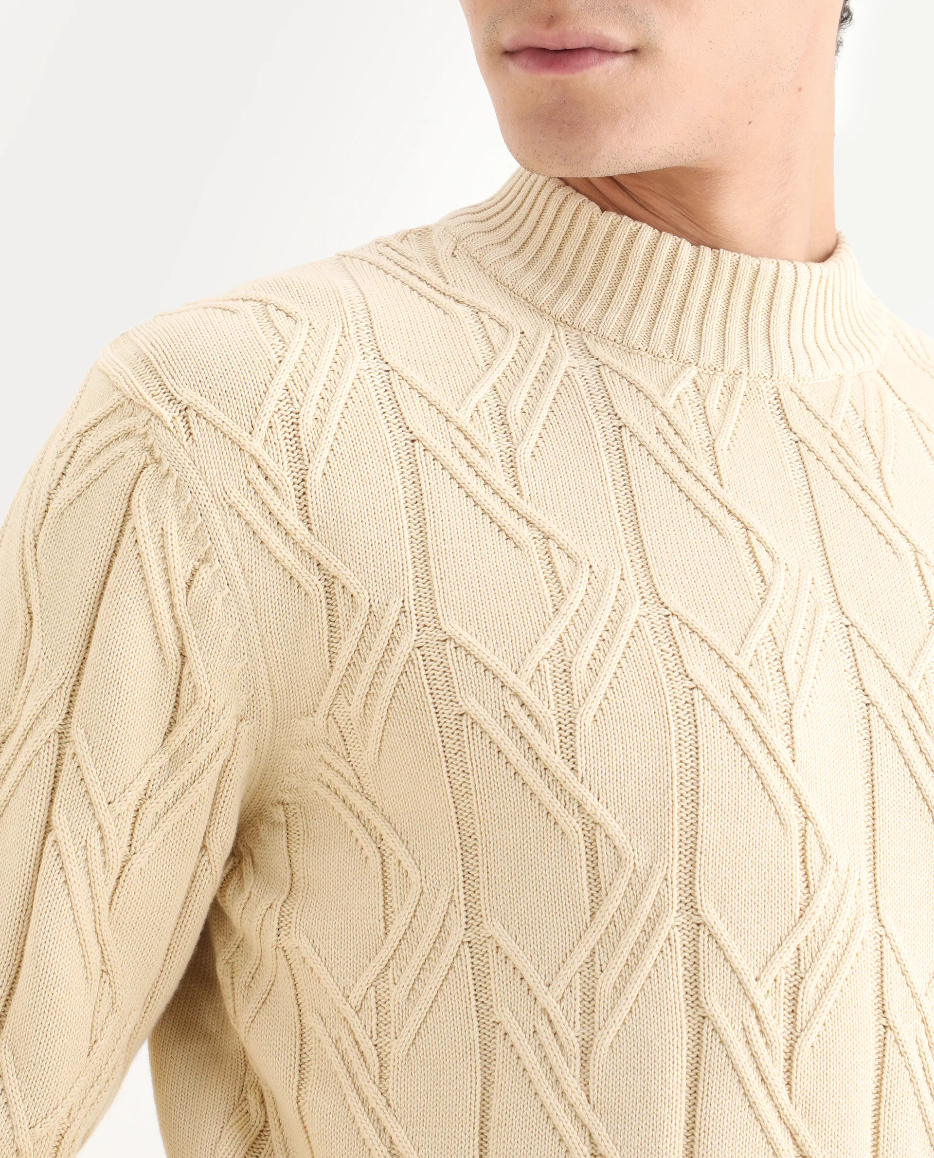 Rare Rabbit Men's Caloz Yellow Cotton Textured Regular Fit Full Sleeve High Neck Sweater - Image 3