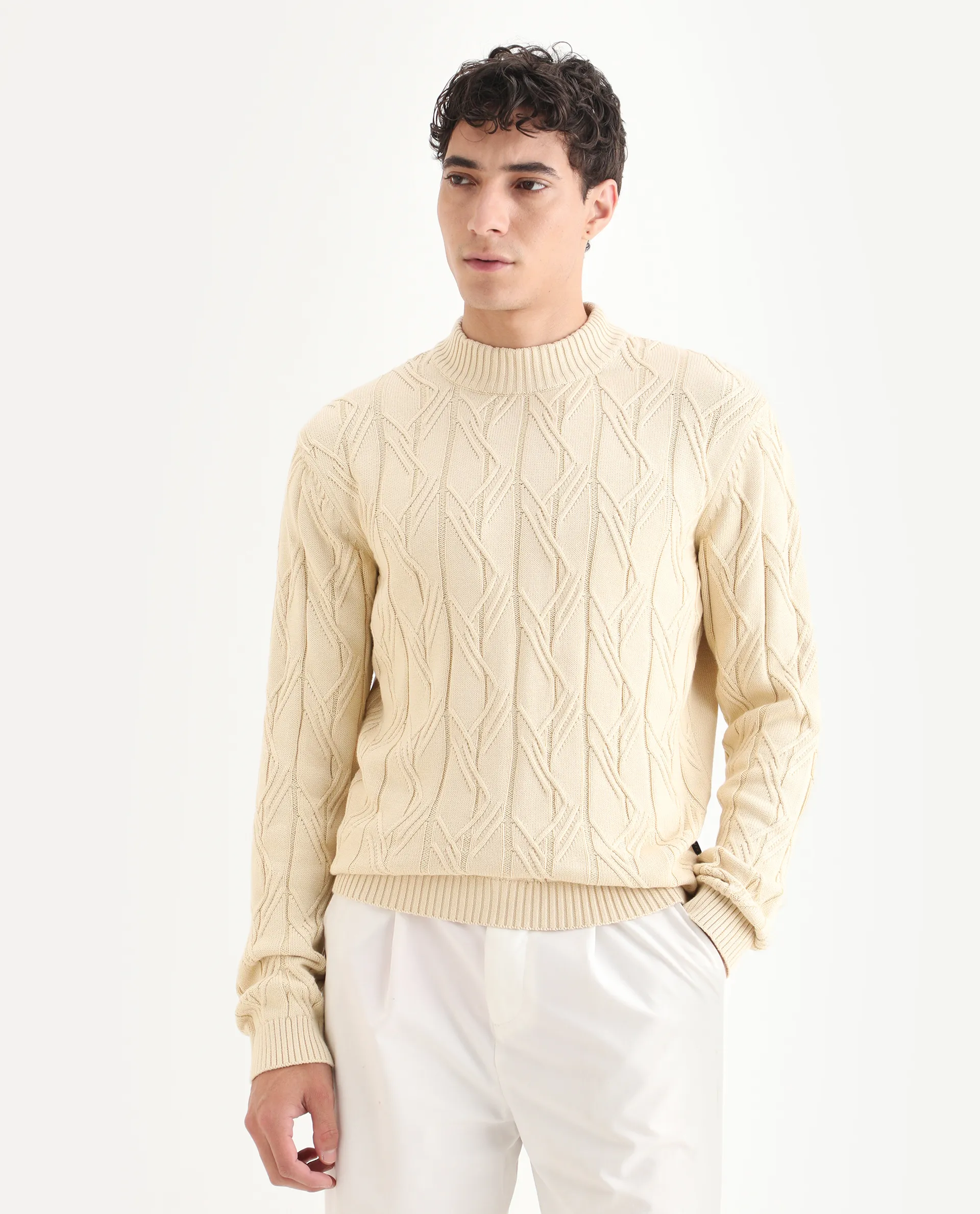 Rare Rabbit Men's Caloz Yellow Cotton Textured Regular Fit Full Sleeve High Neck Sweater - Image 4