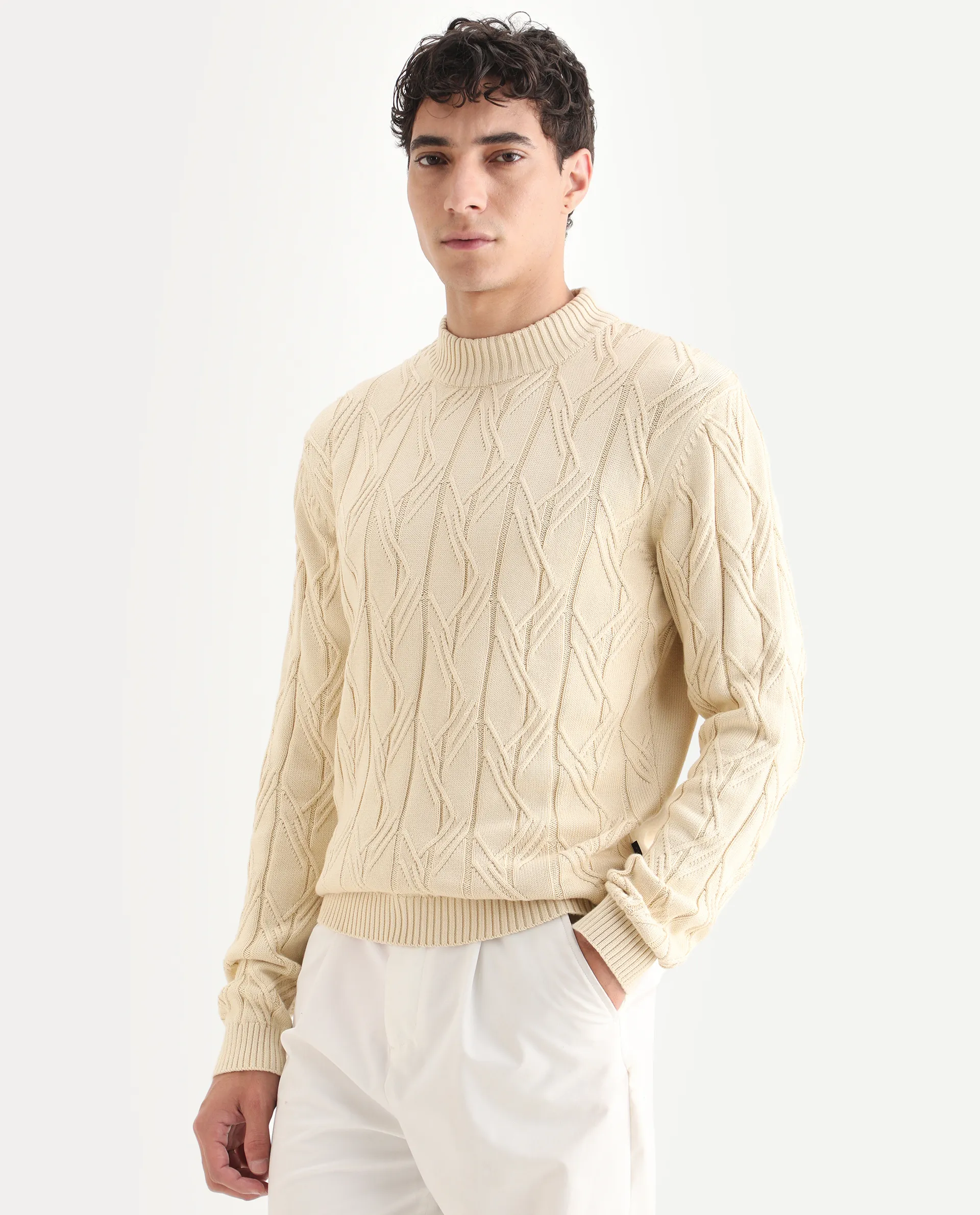 Rare Rabbit Men's Caloz Yellow Cotton Textured Regular Fit Full Sleeve High Neck Sweater - Image 5
