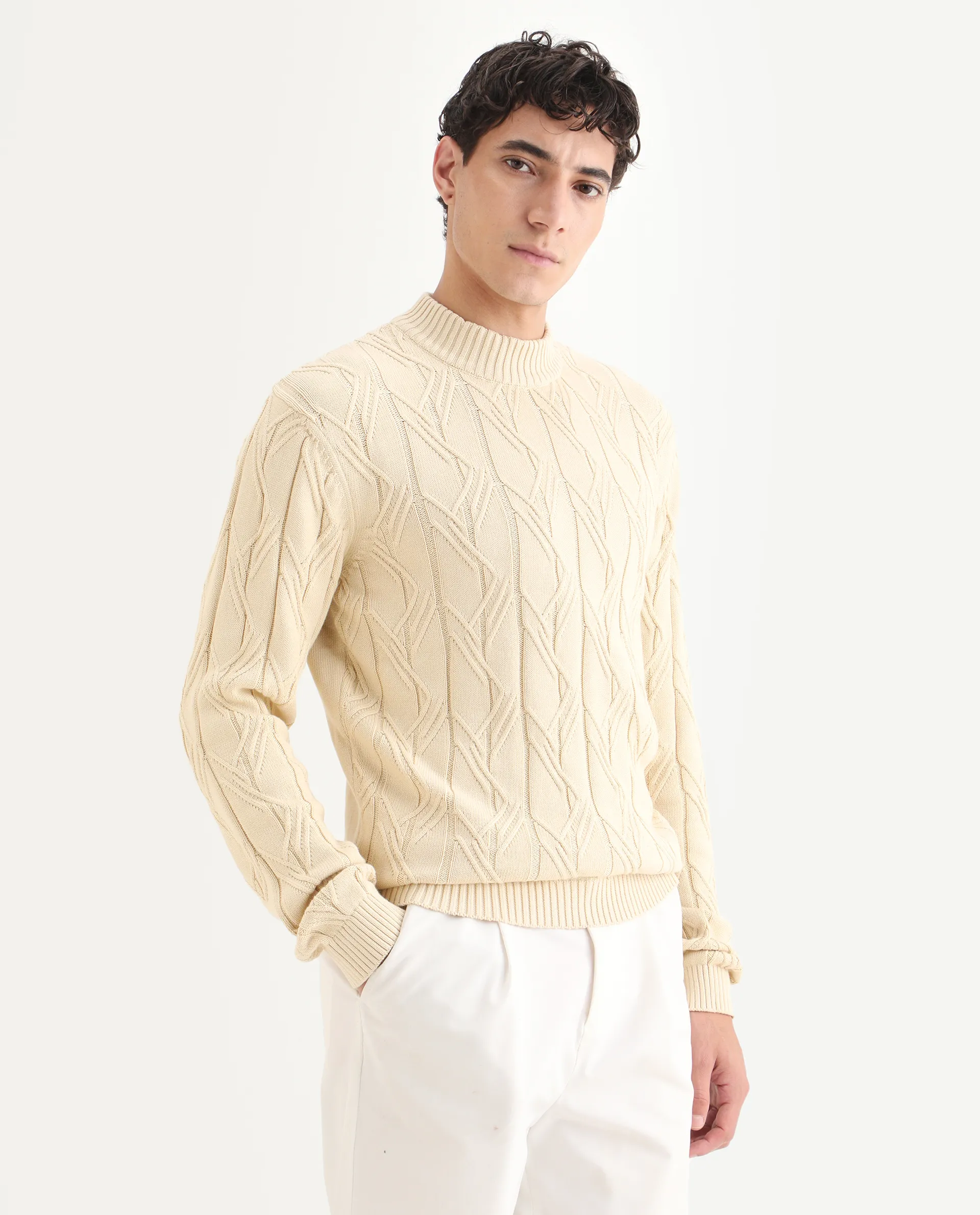 Rare Rabbit Men's Caloz Yellow Cotton Textured Regular Fit Full Sleeve High Neck Sweater - Image 6