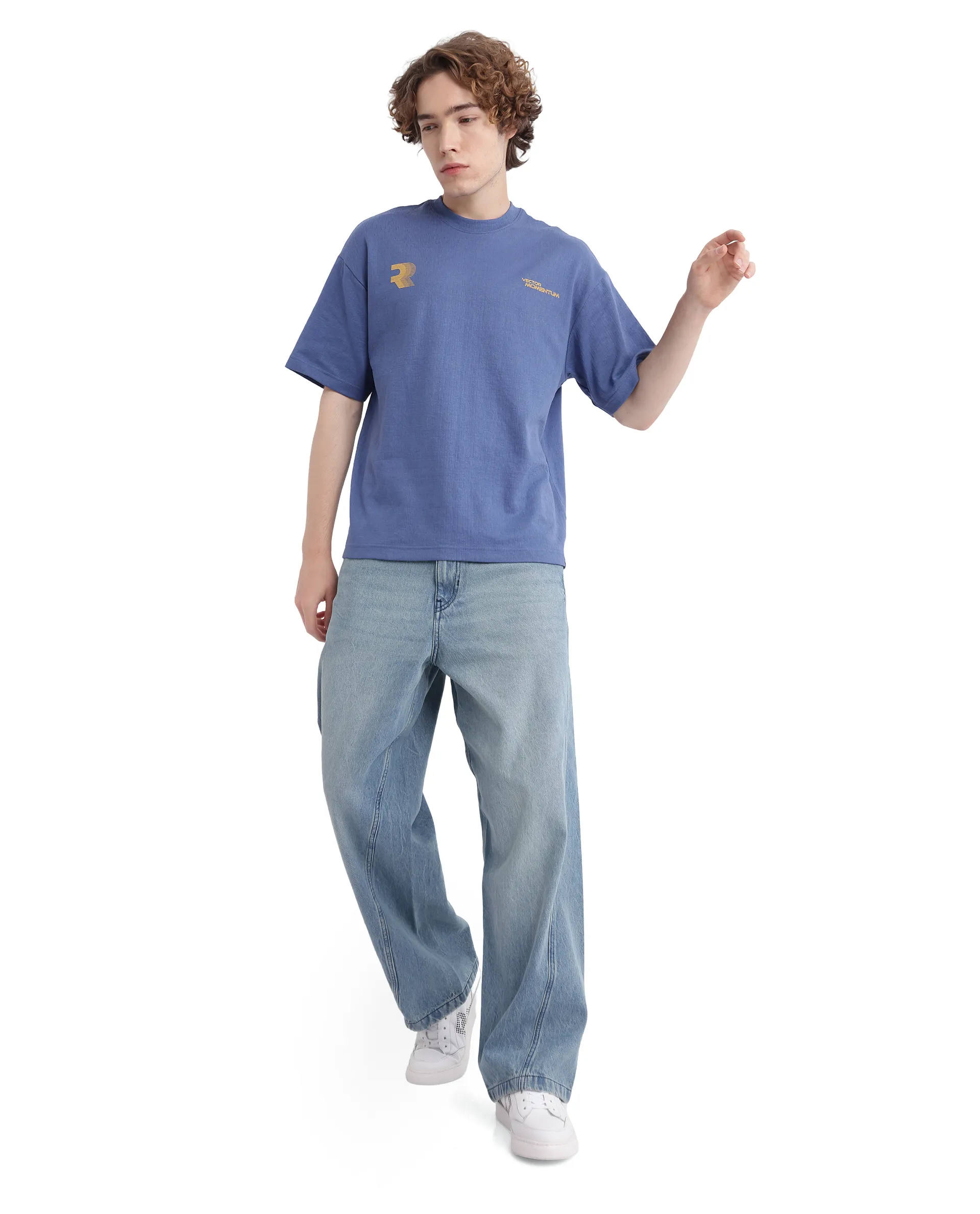 Rare Rabbit Men's Calro Dusky Blue Cotton Blend Graphic Print Oversized Fit Half Sleeve Crew Neck T-Shirt - Image 2