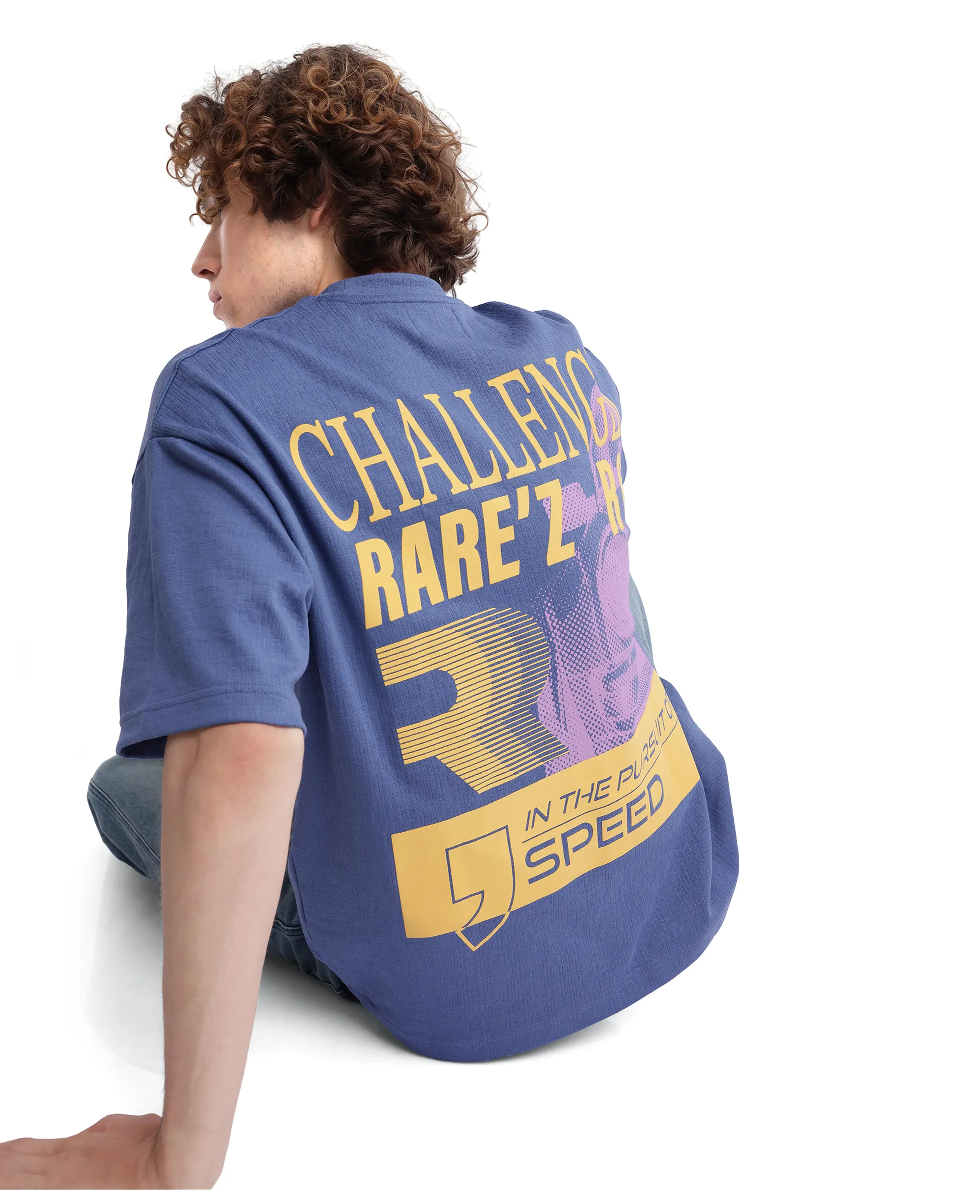 Rare Rabbit Men's Calro Dusky Blue Cotton Blend Graphic Print Oversized Fit Half Sleeve Crew Neck T-Shirt - Image 3