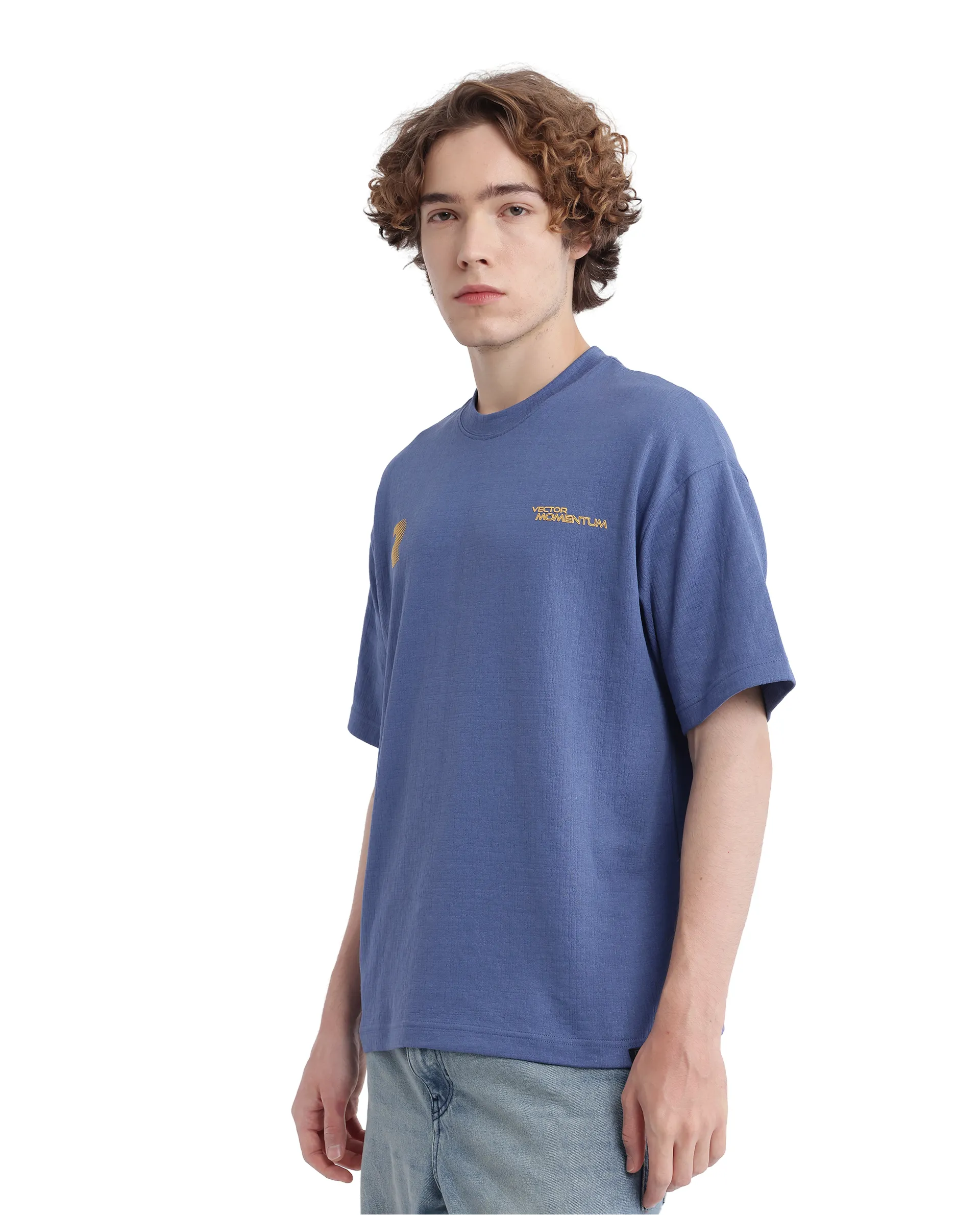 Rare Rabbit Men's Calro Dusky Blue Cotton Blend Graphic Print Oversized Fit Half Sleeve Crew Neck T-Shirt - Image 4