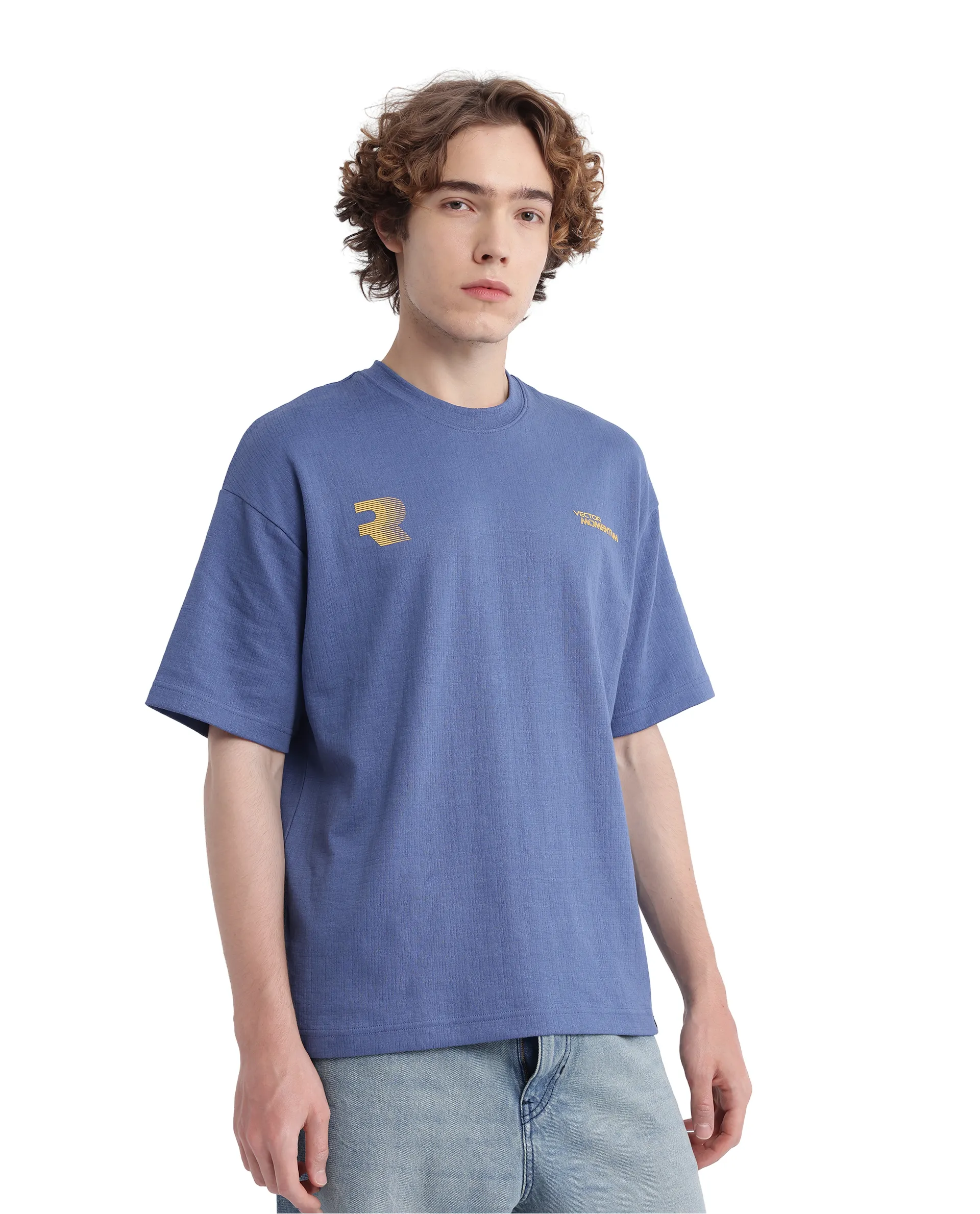 Rare Rabbit Men's Calro Dusky Blue Cotton Blend Graphic Print Oversized Fit Half Sleeve Crew Neck T-Shirt - Image 5