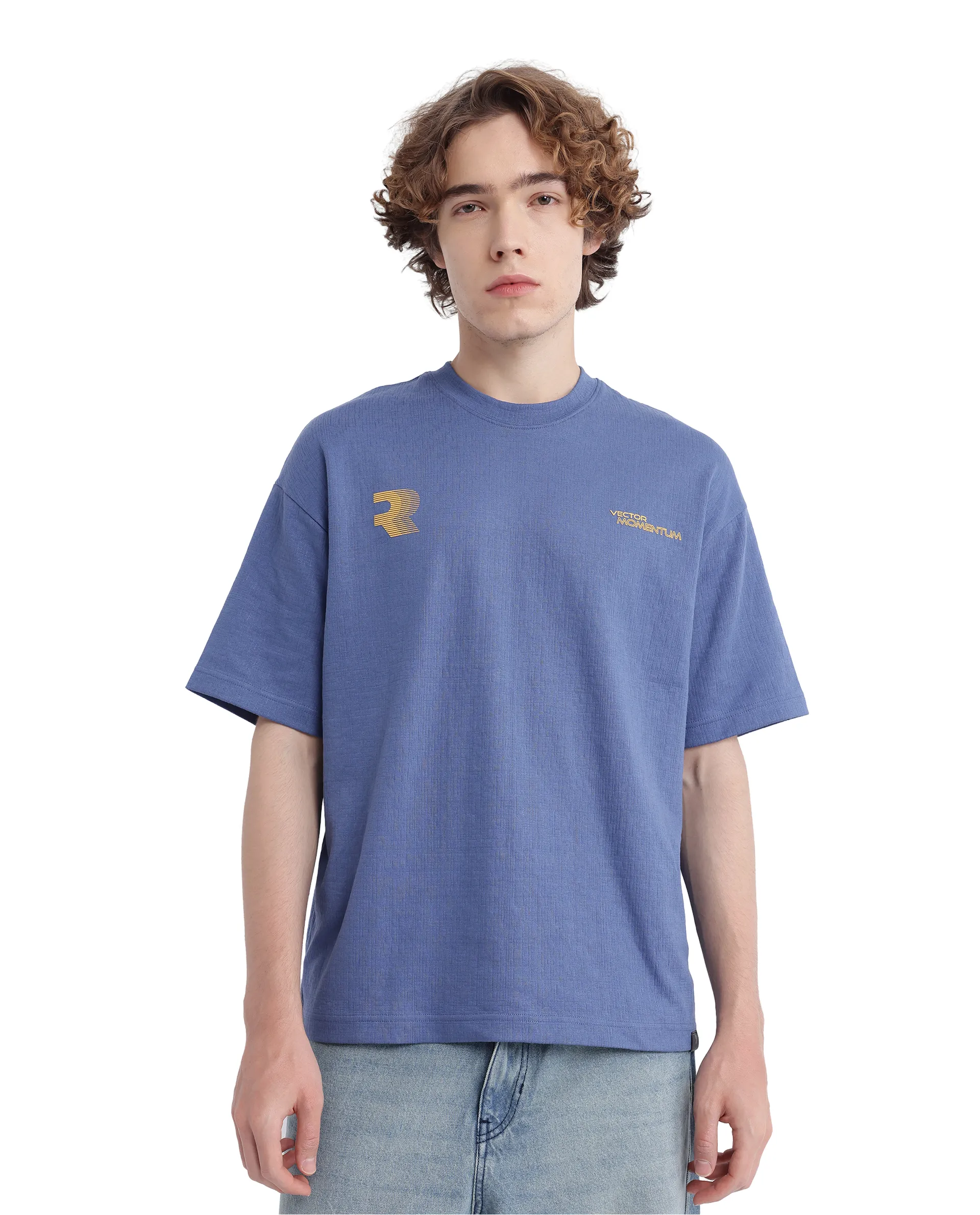 Rare Rabbit Men's Calro Dusky Blue Cotton Blend Graphic Print Oversized Fit Half Sleeve Crew Neck T-Shirt - Image 6