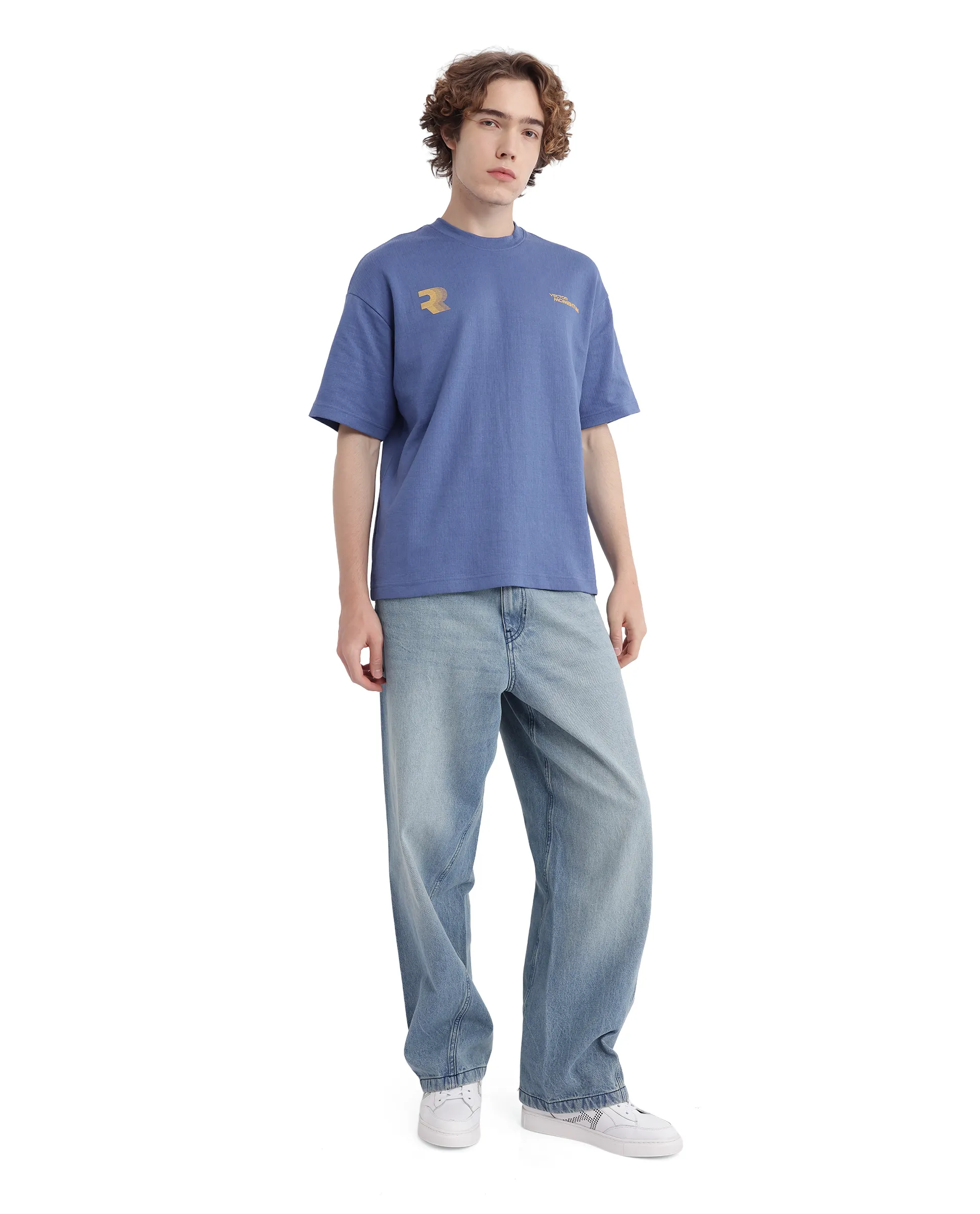 Rare Rabbit Men's Calro Dusky Blue Cotton Blend Graphic Print Oversized Fit Half Sleeve Crew Neck T-Shirt - Image 8