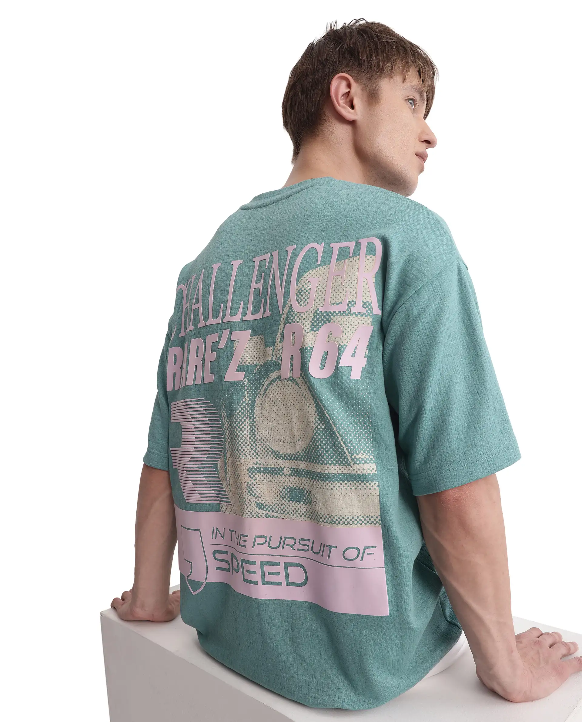 Rare Rabbit Men's Calro Dusky Green Cotton Blend Graphic Print Oversized Fit Half Sleeve Crew Neck T-Shirt - Image 4