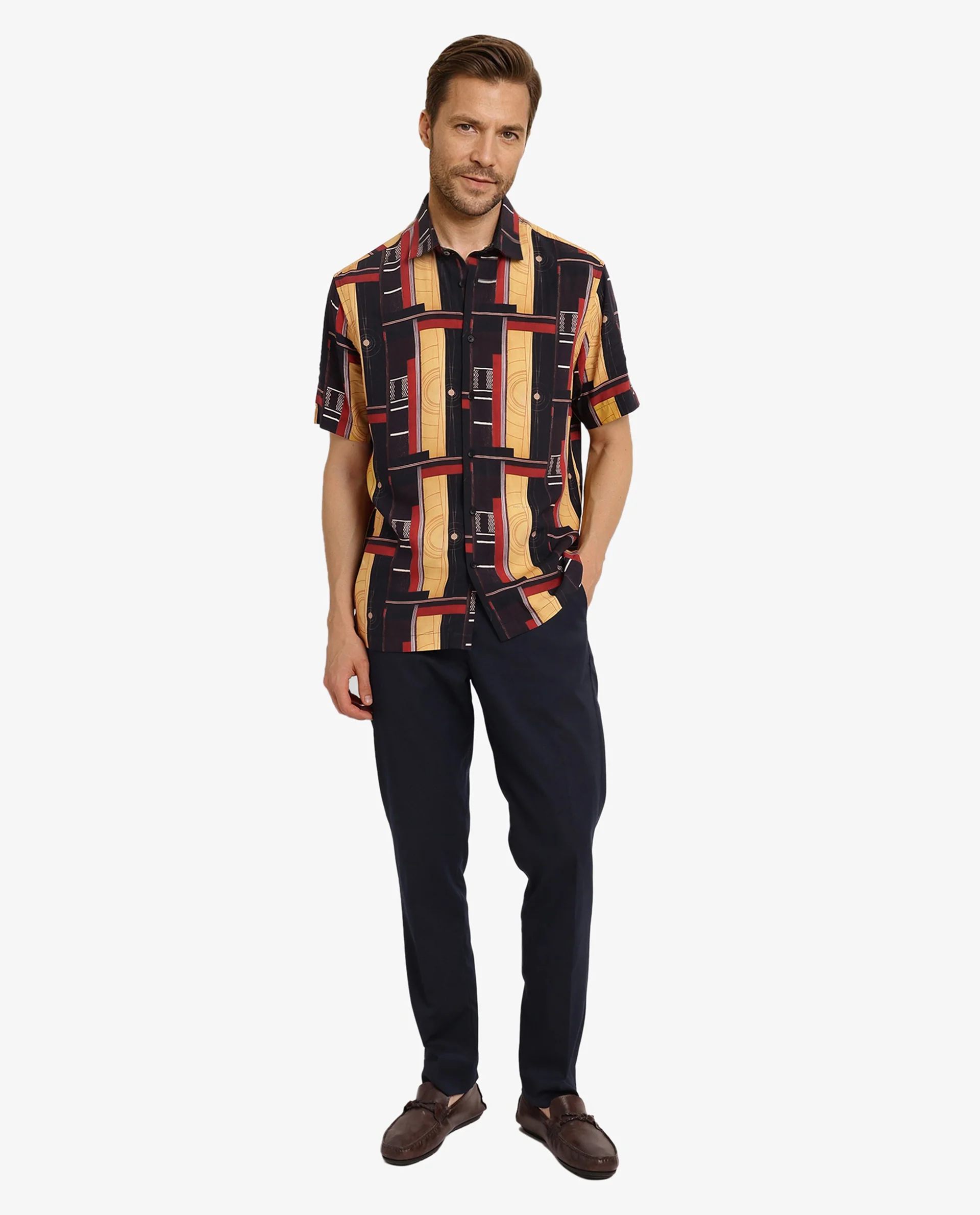 Rare Rabbit Men's Calt Black Viscose Abstract Print Boxy Fit Half Sleeve Collared Shirt - Image 2