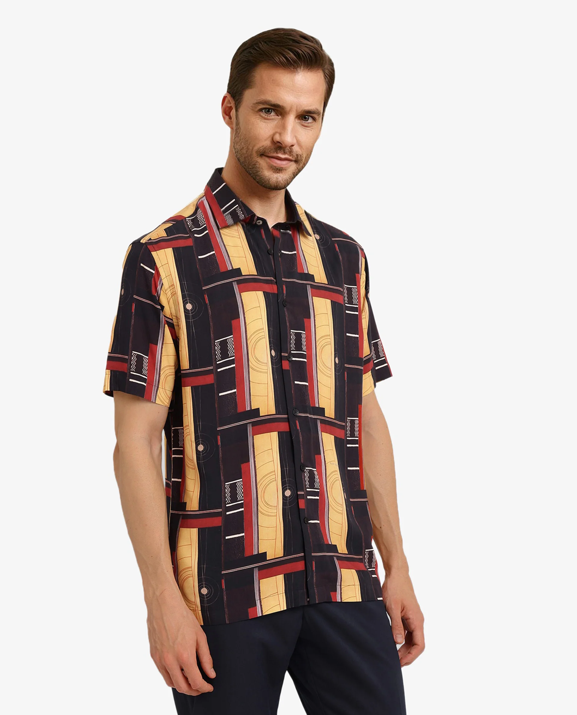 Rare Rabbit Men's Calt Black Viscose Abstract Print Boxy Fit Half Sleeve Collared Shirt - Image 3