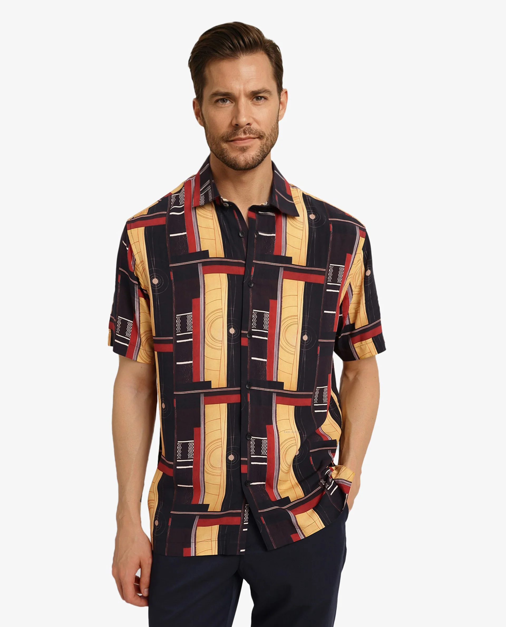 Rare Rabbit Men's Calt Black Viscose Abstract Print Boxy Fit Half Sleeve Collared Shirt - Image 4