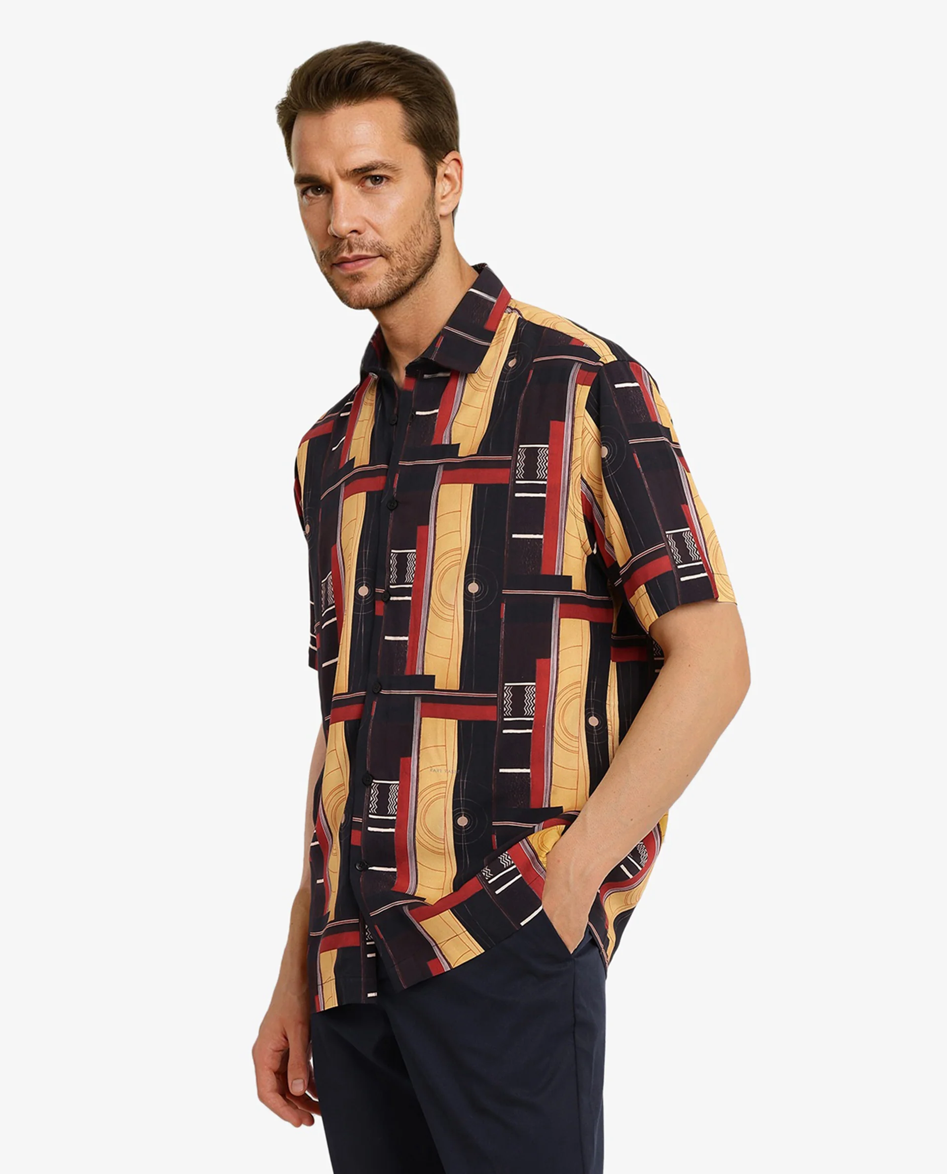 Rare Rabbit Men's Calt Black Viscose Abstract Print Boxy Fit Half Sleeve Collared Shirt - Image 6