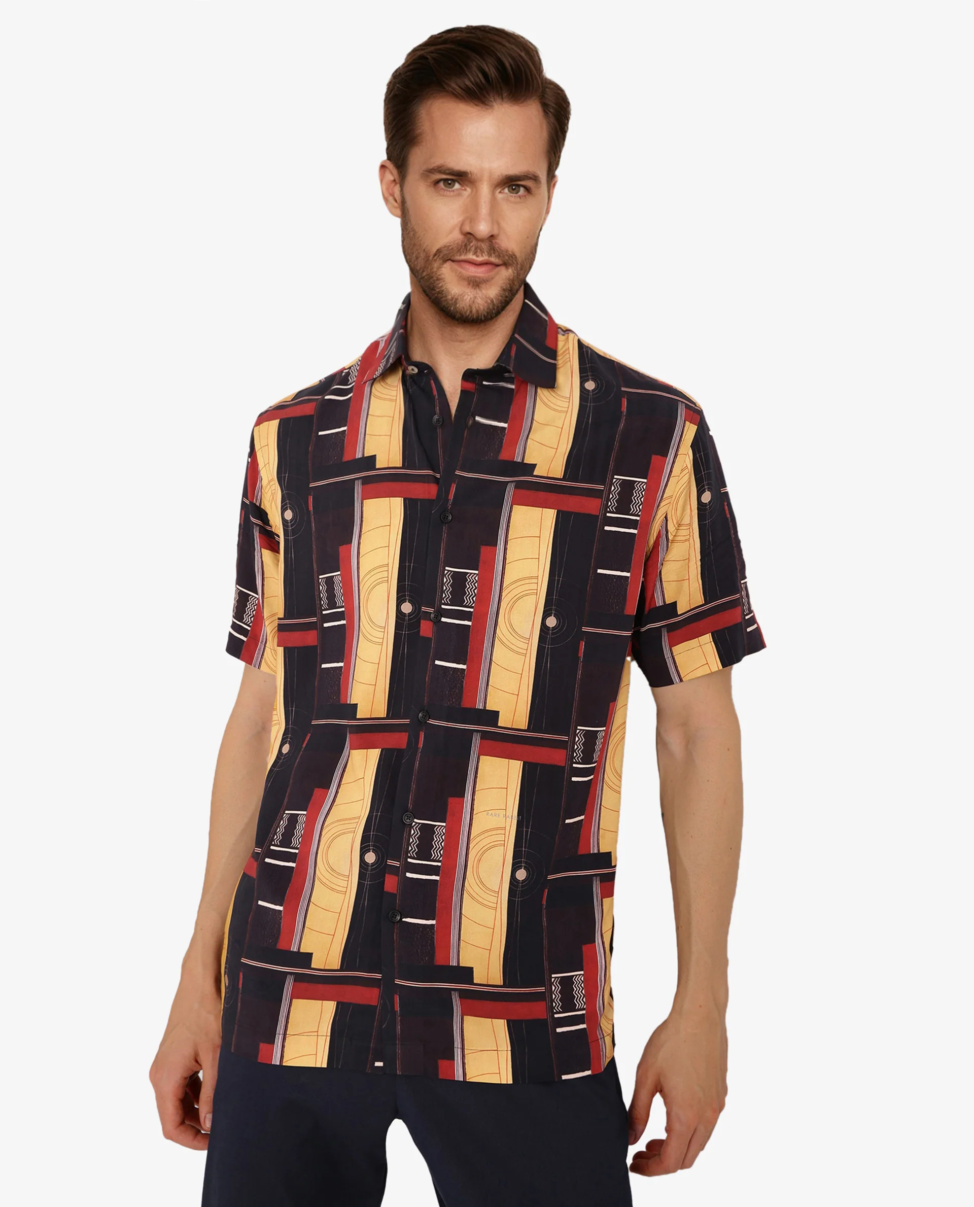 Rare Rabbit Men's Calt Black Viscose Abstract Print Boxy Fit Half Sleeve Collared Shirt - Image 7