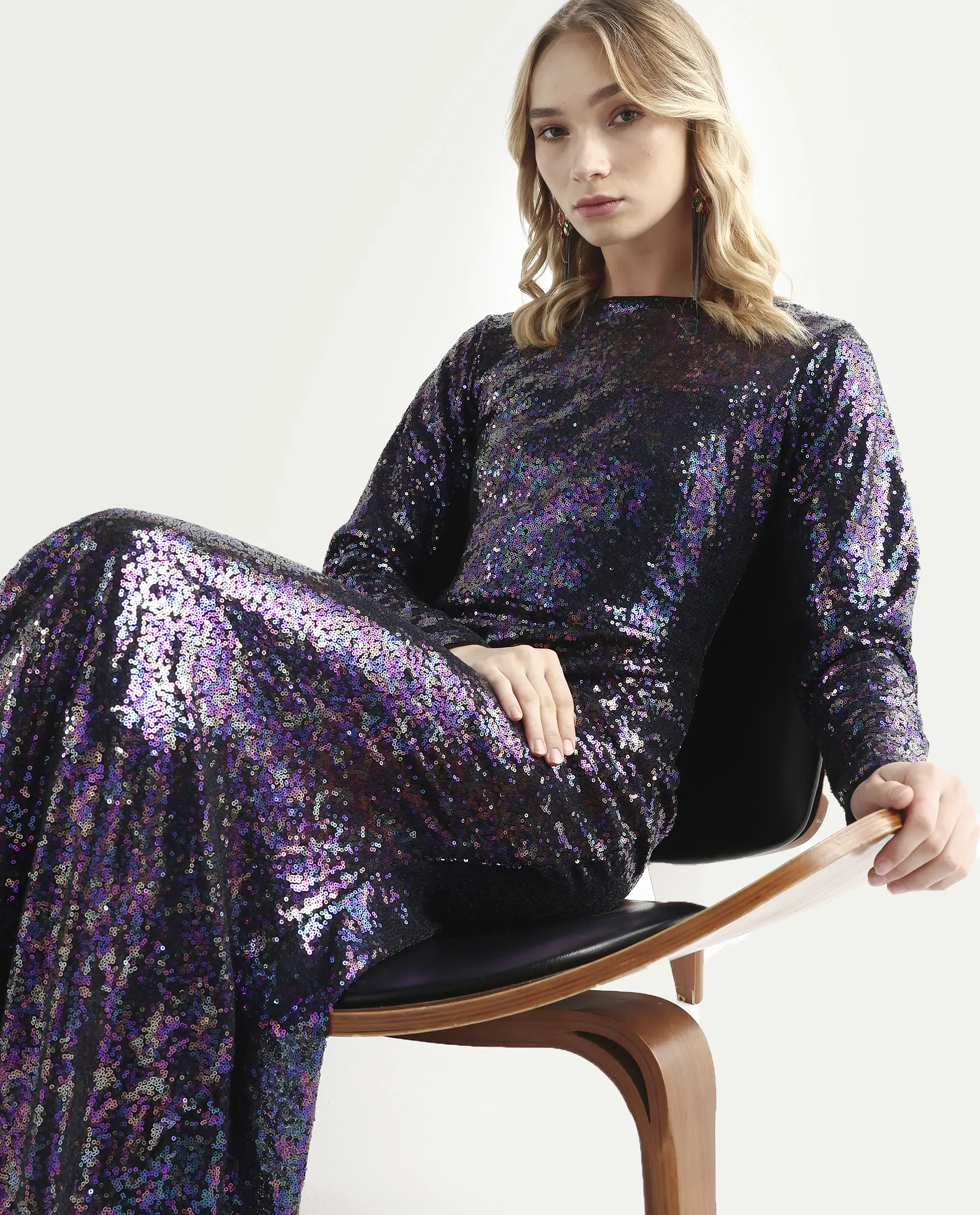 Rareism Women's Caltese Sheen Blue Polyester Boat Neck Sequined Maxi Regular Fit Dress