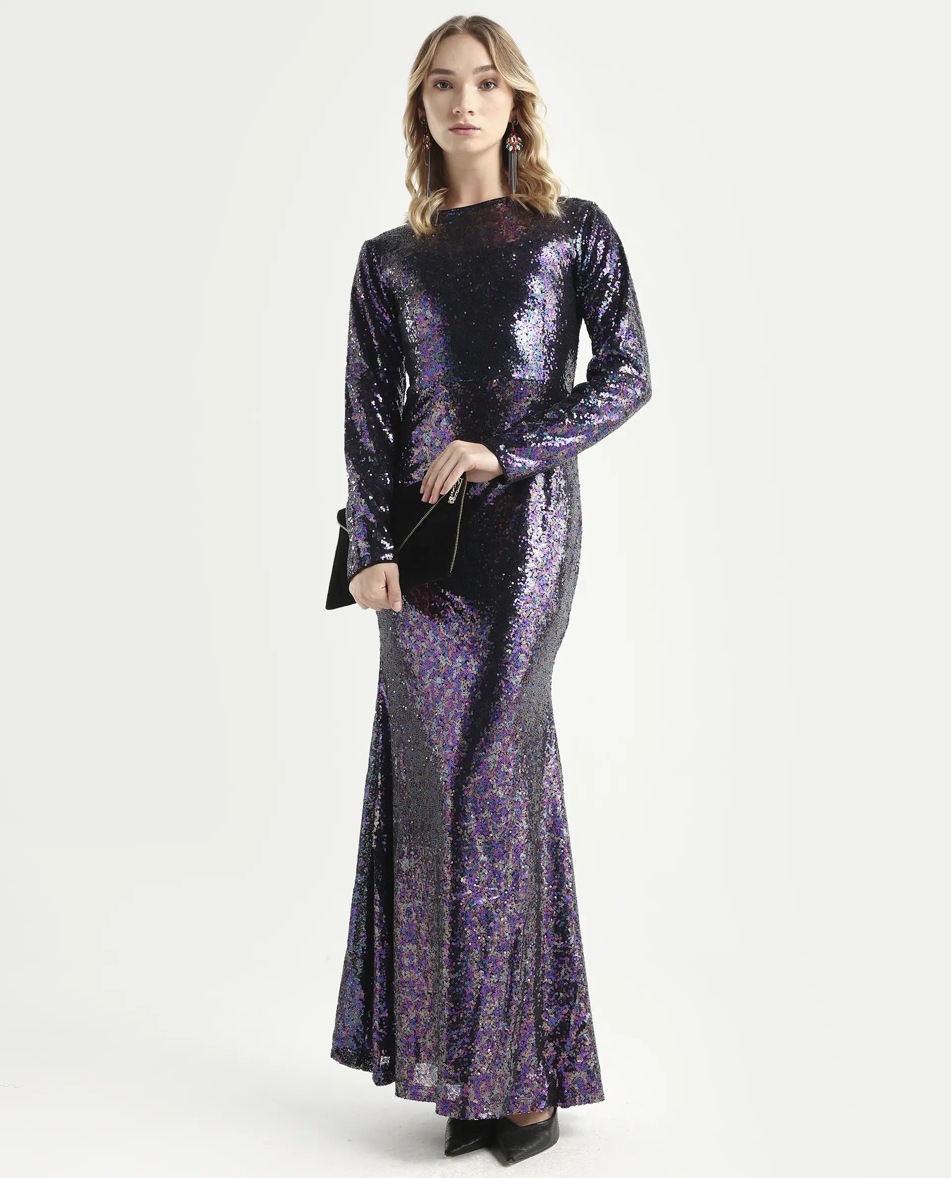 Rareism Women's Caltese Sheen Blue Polyester Boat Neck Sequined Maxi Regular Fit Dress - Image 2