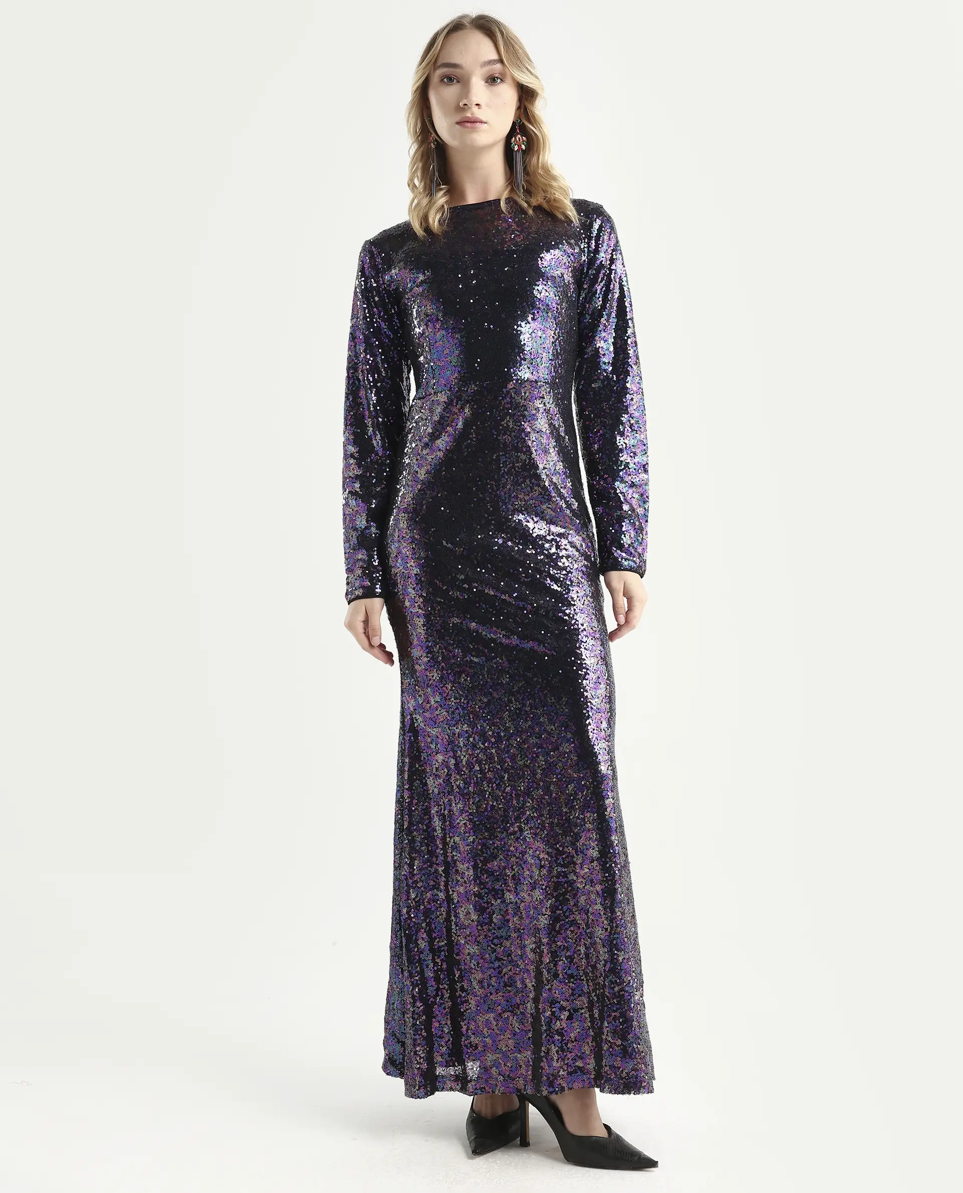 Rareism Women's Caltese Sheen Blue Polyester Boat Neck Sequined Maxi Regular Fit Dress - Image 3