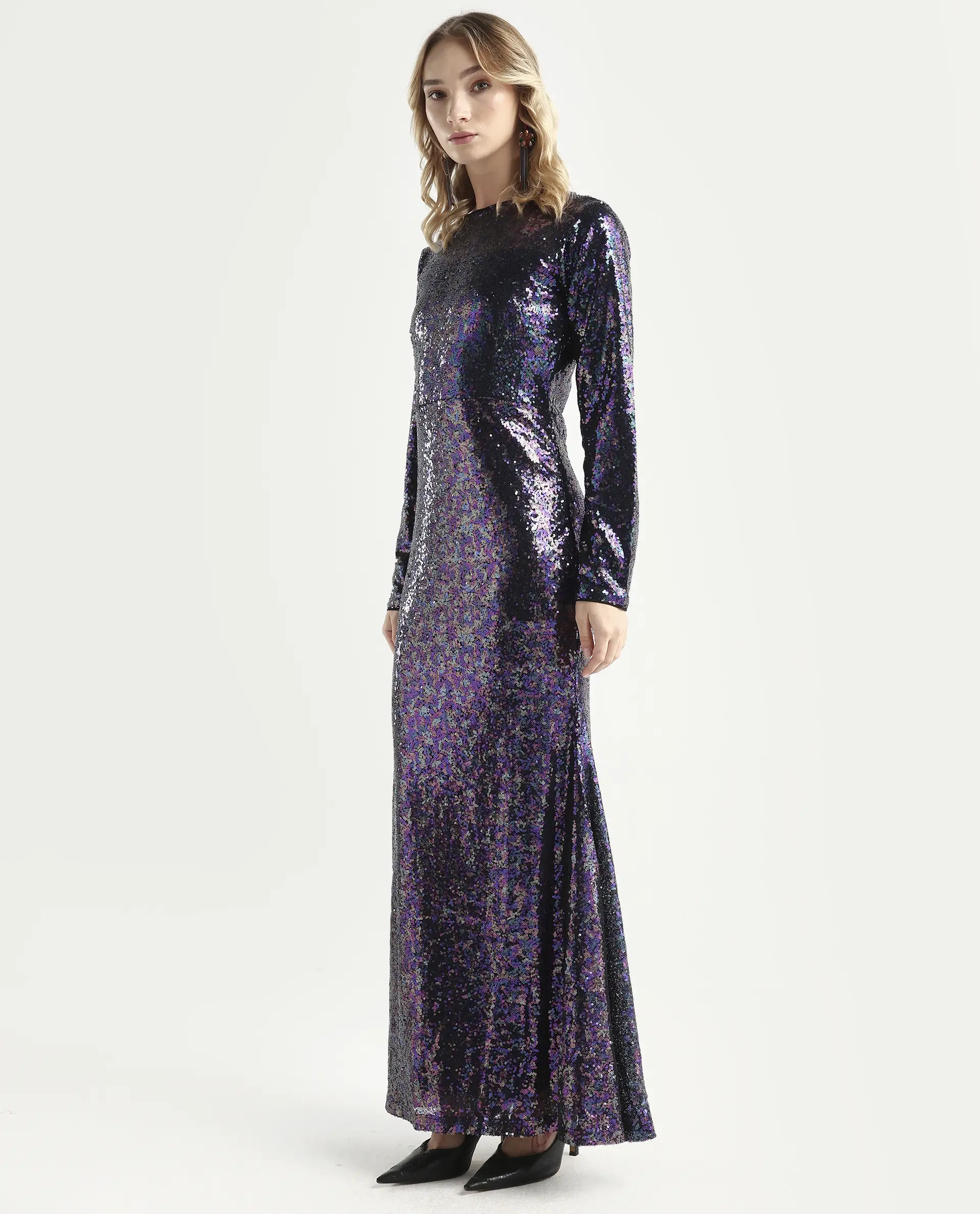 Rareism Women's Caltese Sheen Blue Polyester Boat Neck Sequined Maxi Regular Fit Dress - Image 5