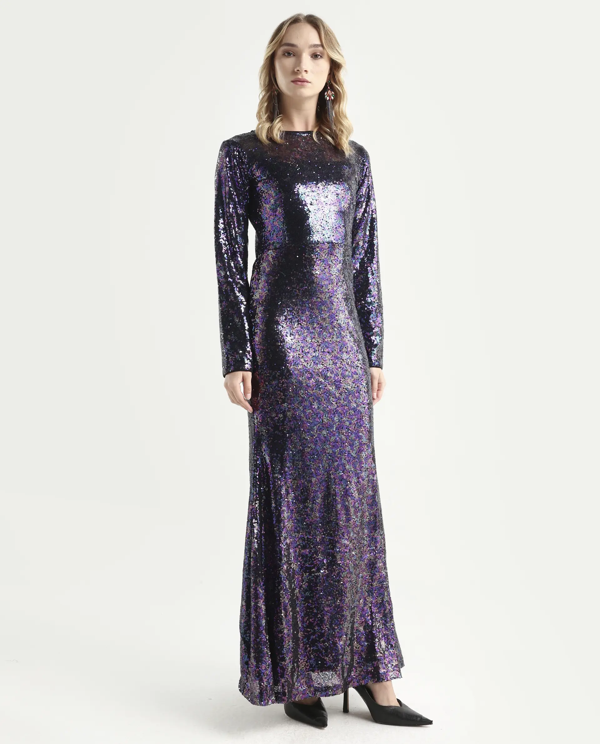 Rareism Women's Caltese Sheen Blue Polyester Boat Neck Sequined Maxi Regular Fit Dress - Image 6
