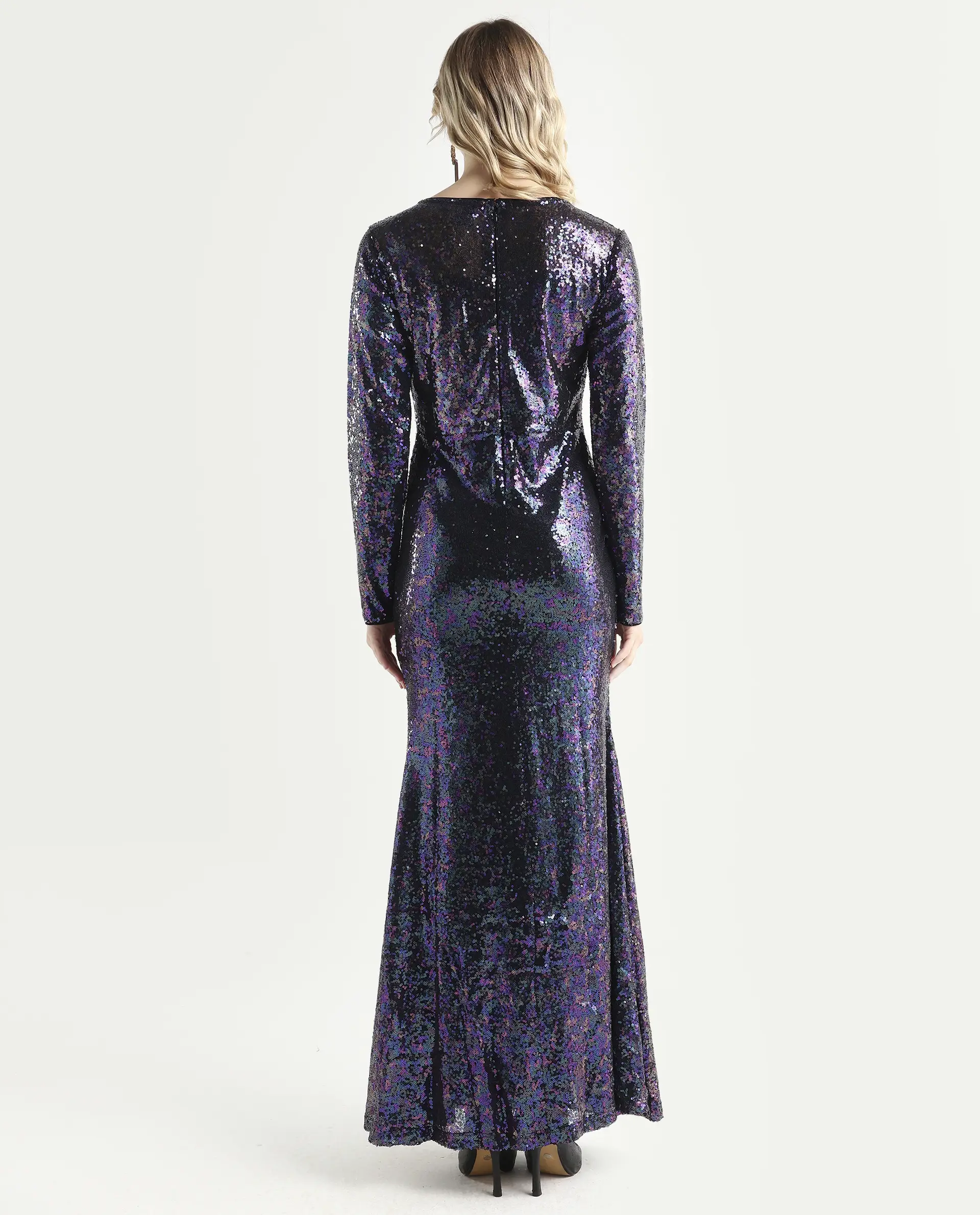 Rareism Women's Caltese Sheen Blue Polyester Boat Neck Sequined Maxi Regular Fit Dress - Image 7