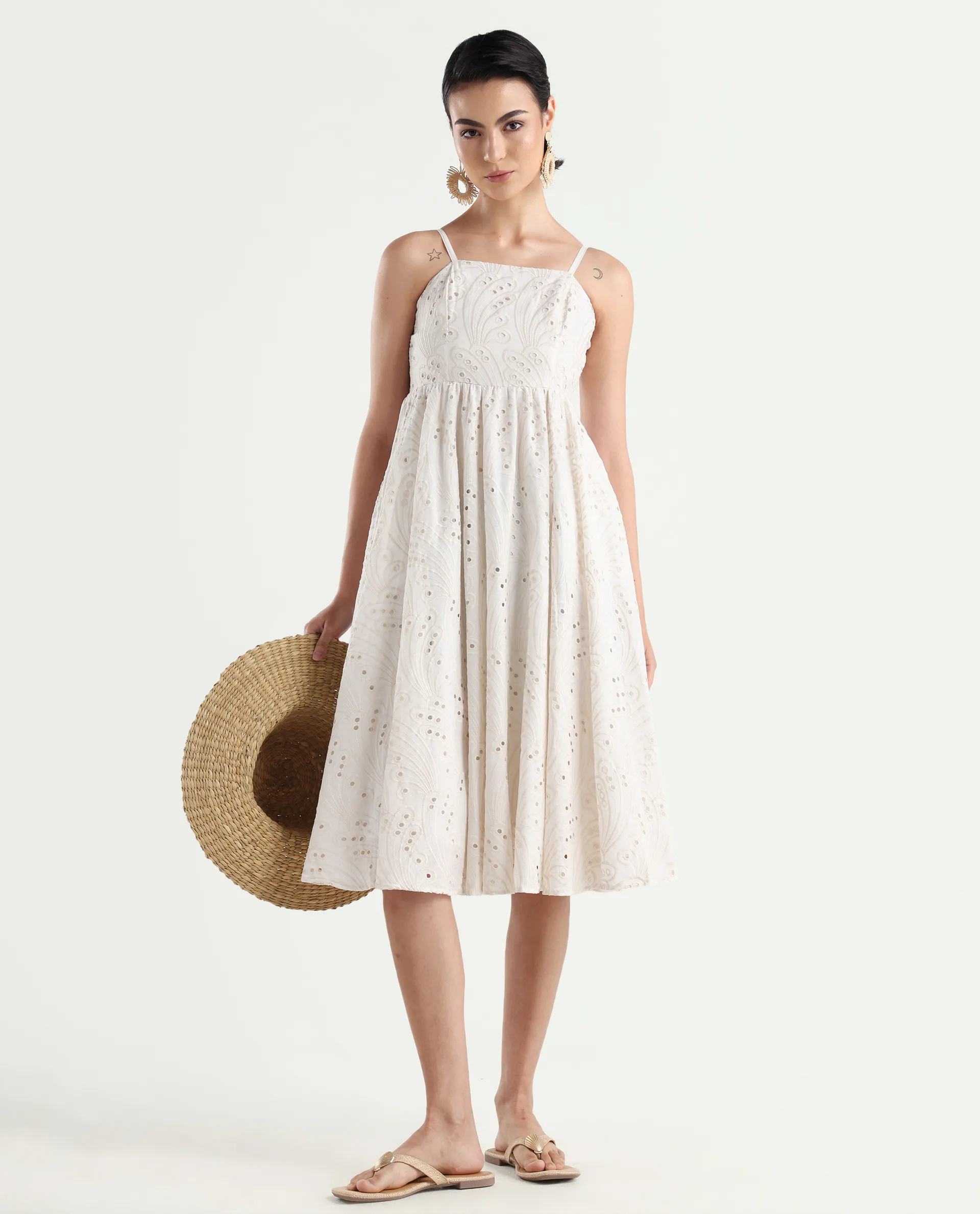 Rareism Women's Calvert White Cotton Shoulder Strap Plain Shoulder Strap Midi Fit And Flare Dress - Image 2