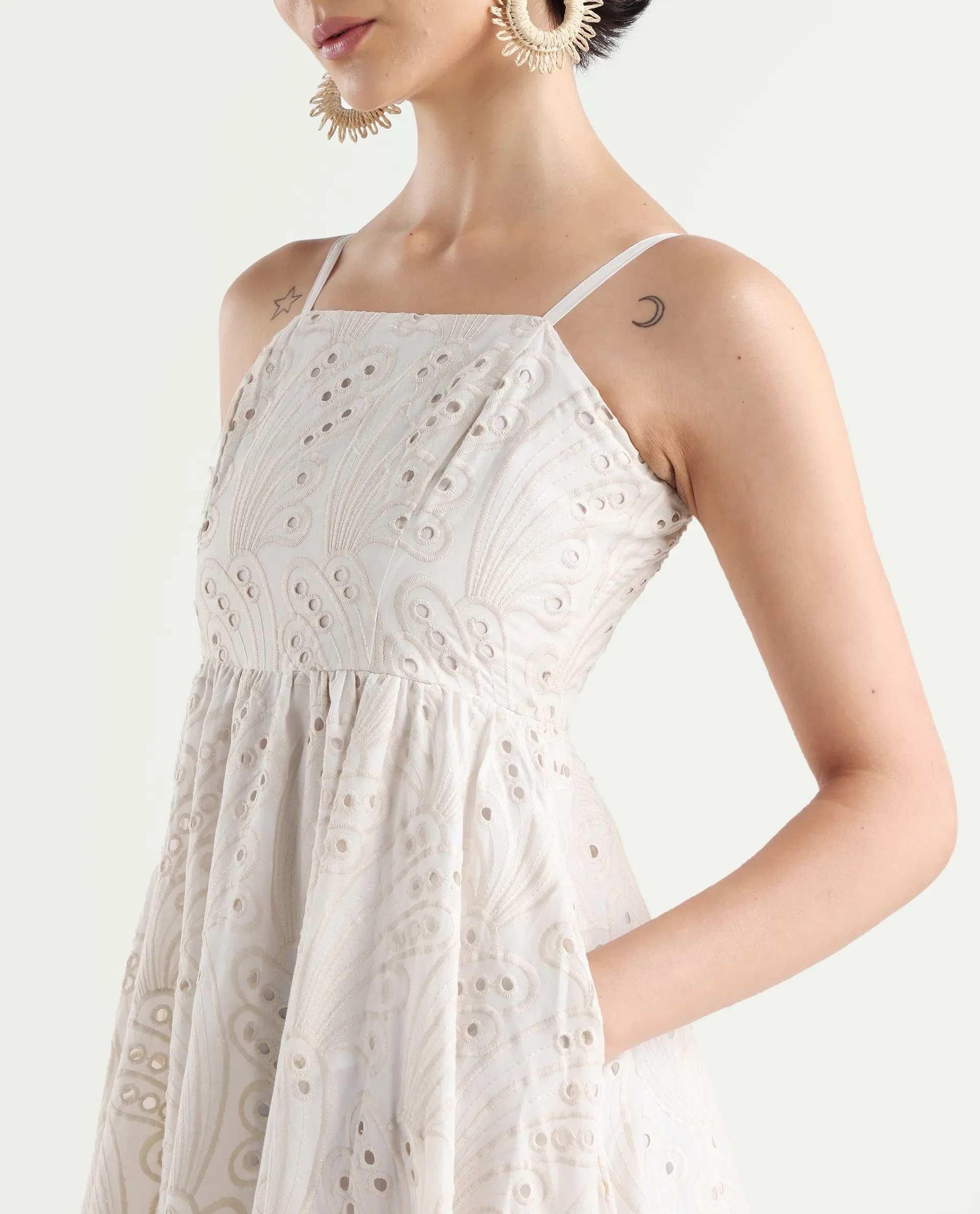 Rareism Women's Calvert White Cotton Shoulder Strap Plain Shoulder Strap Midi Fit And Flare Dress - Image 3