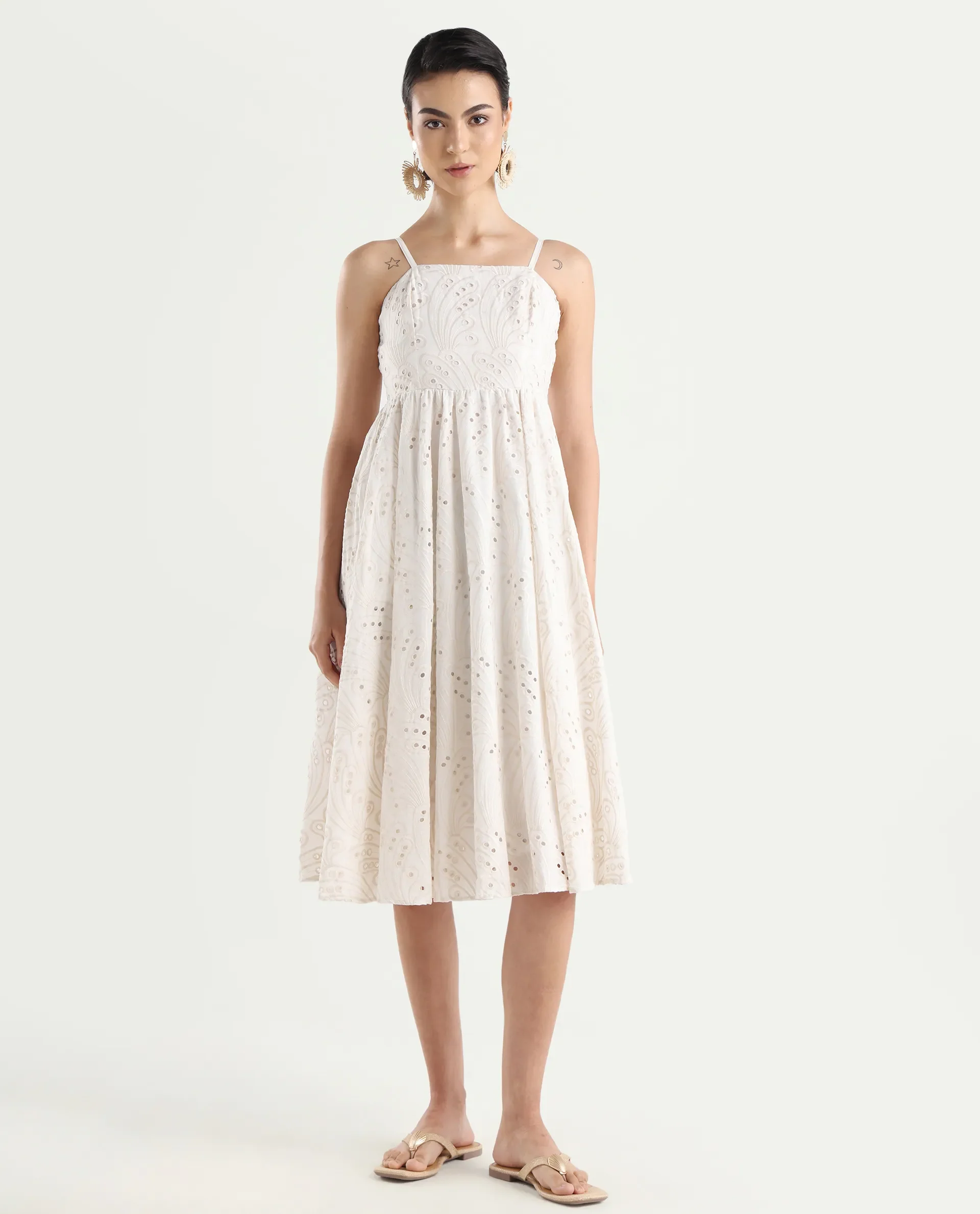 Rareism Women's Calvert White Cotton Shoulder Strap Plain Shoulder Strap Midi Fit And Flare Dress - Image 4