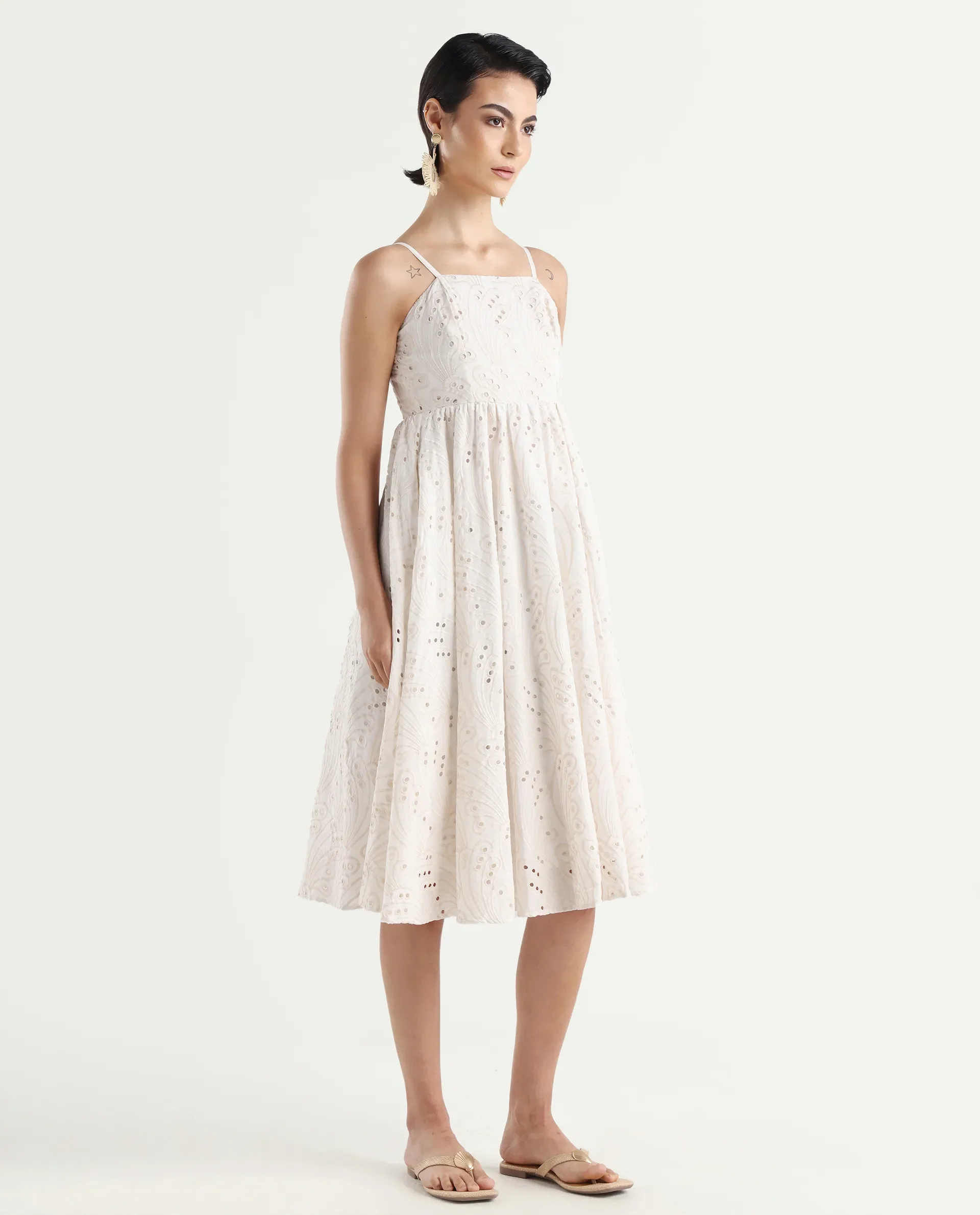 Rareism Women's Calvert White Cotton Shoulder Strap Plain Shoulder Strap Midi Fit And Flare Dress - Image 5