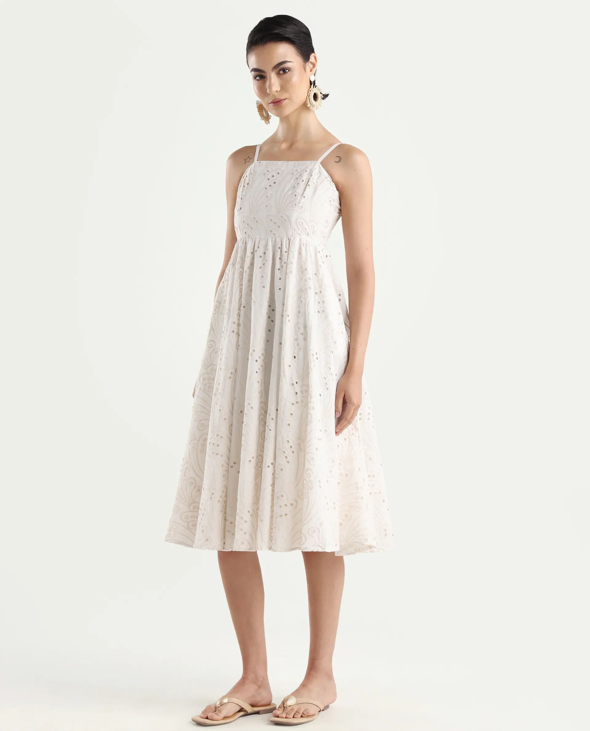 Rareism Women's Calvert White Cotton Shoulder Strap Plain Shoulder Strap Midi Fit And Flare Dress - Image 7