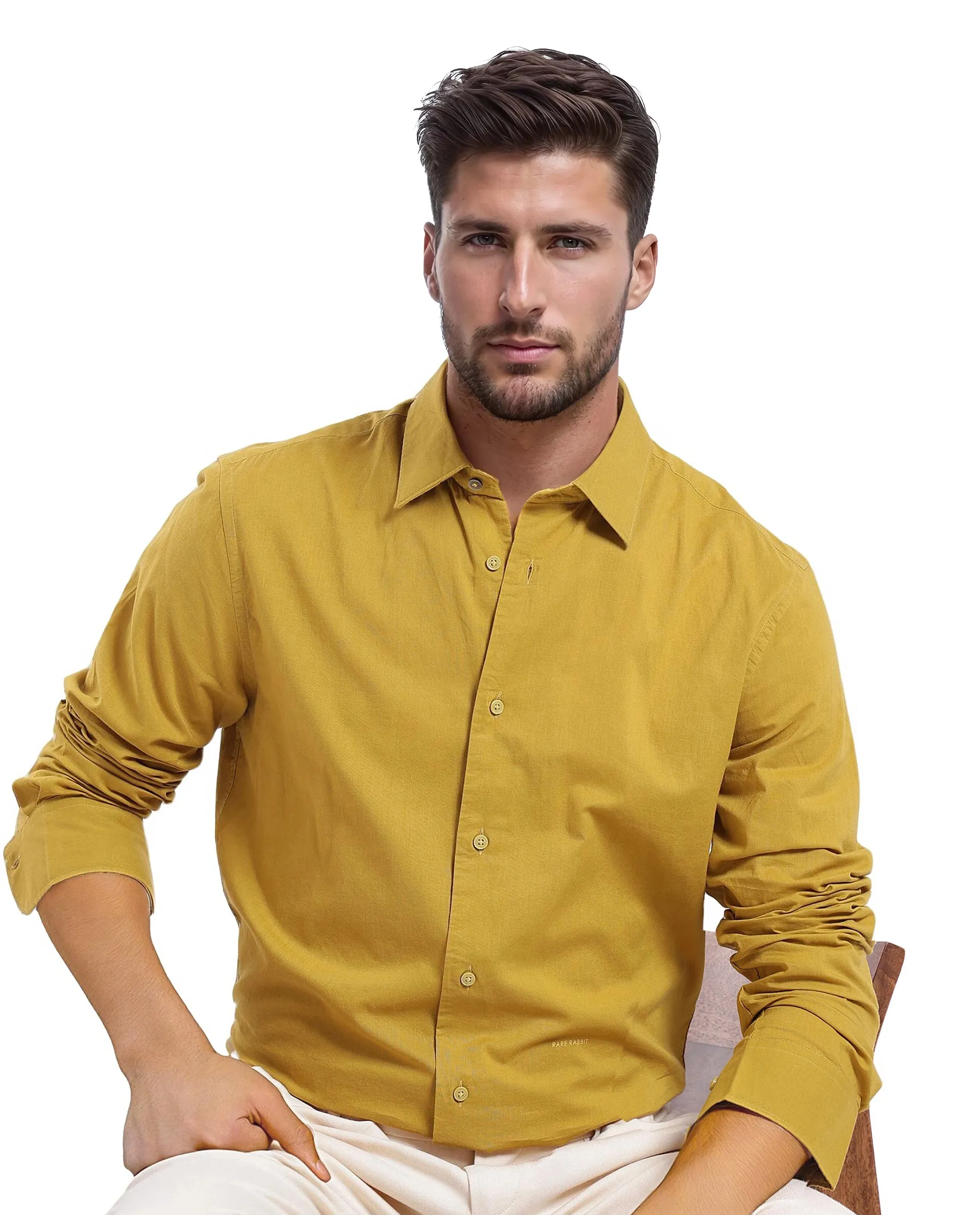 Rare Rabbit Men's Cambo-1 Mustard Cotton Plain Regular Fit Full Sleeve Collared Shirt