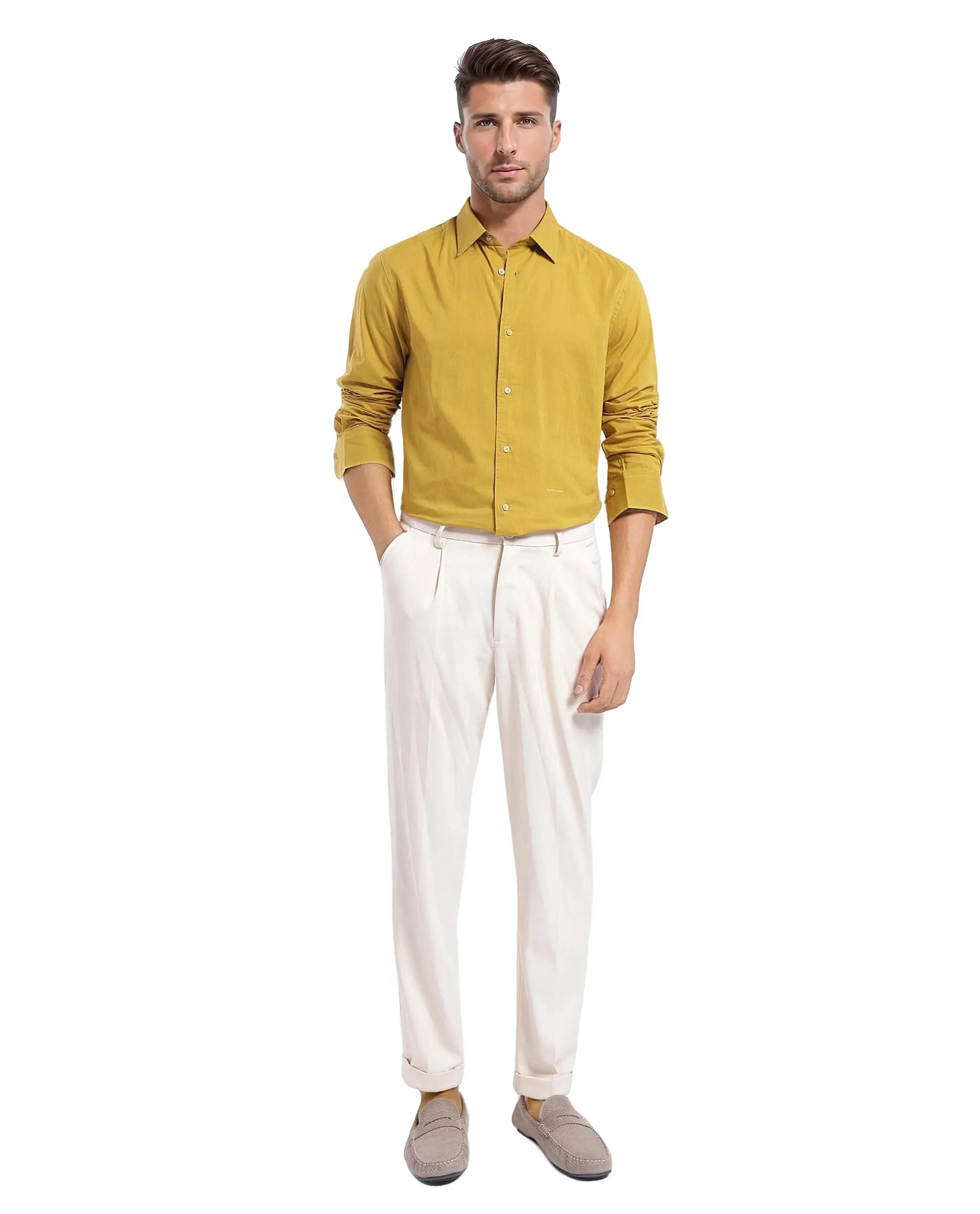 Rare Rabbit Men's Cambo-1 Mustard Cotton Plain Regular Fit Full Sleeve Collared Shirt - Image 2