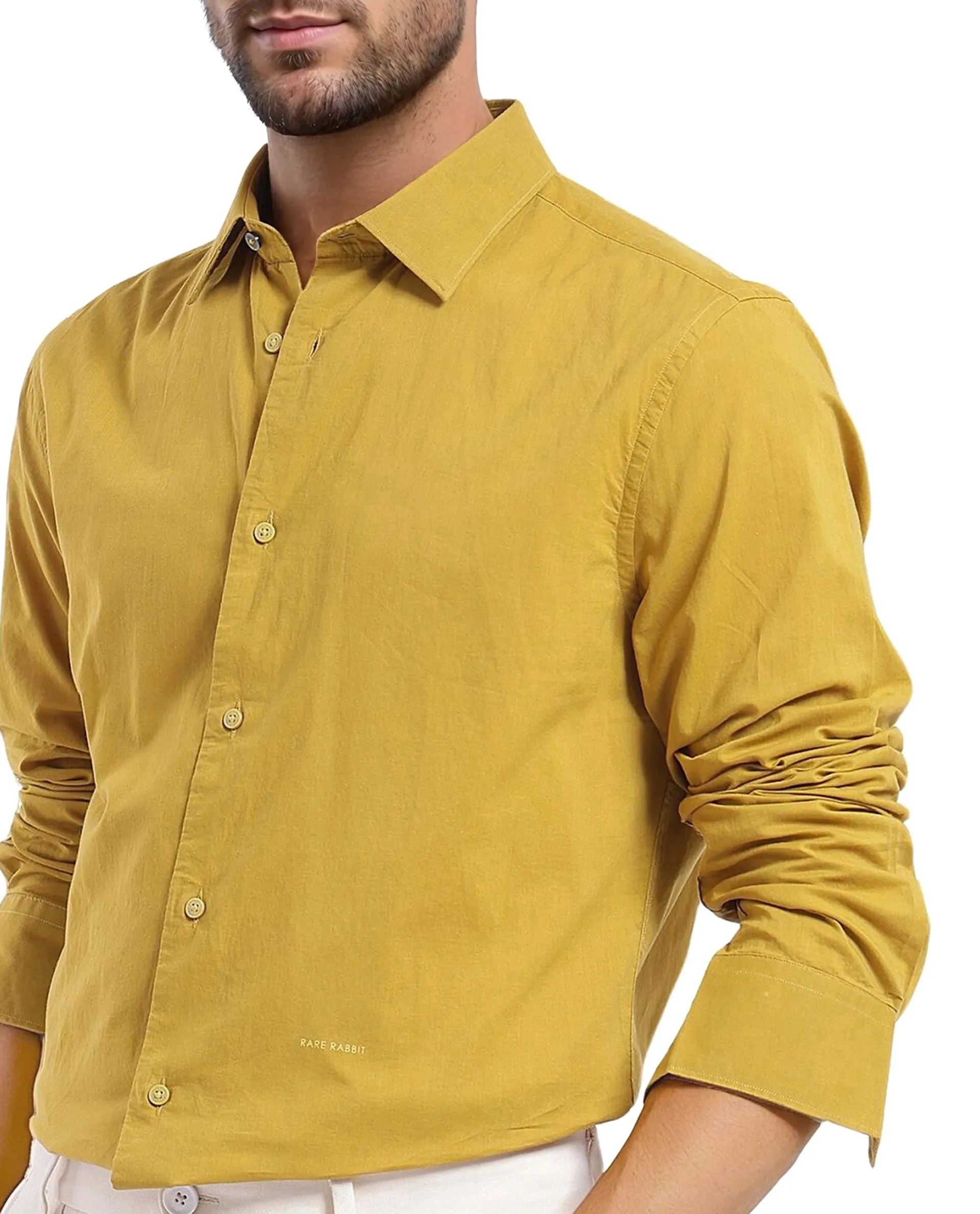 Rare Rabbit Men's Cambo-1 Mustard Cotton Plain Regular Fit Full Sleeve Collared Shirt - Image 3