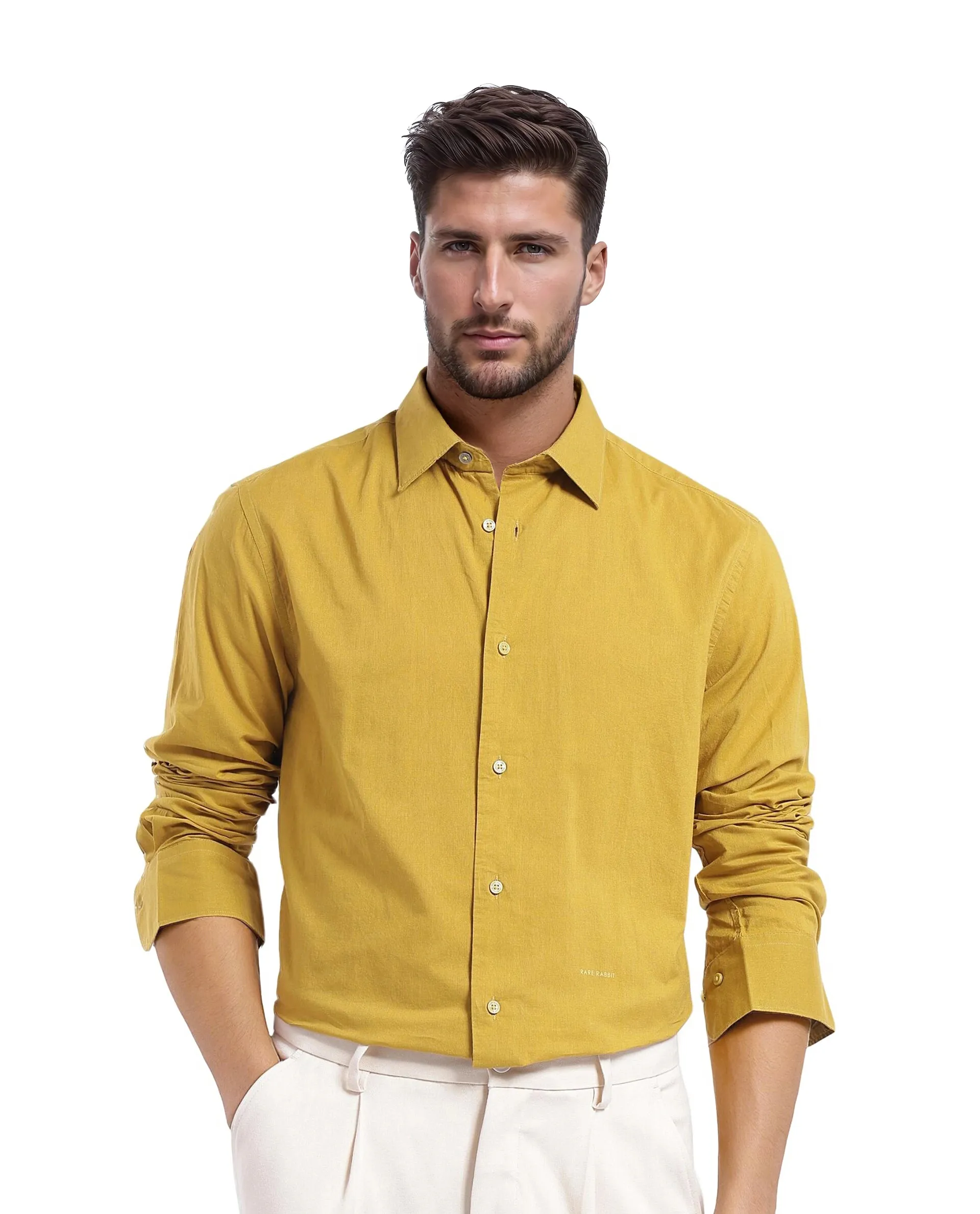 Rare Rabbit Men's Cambo-1 Mustard Cotton Plain Regular Fit Full Sleeve Collared Shirt - Image 4