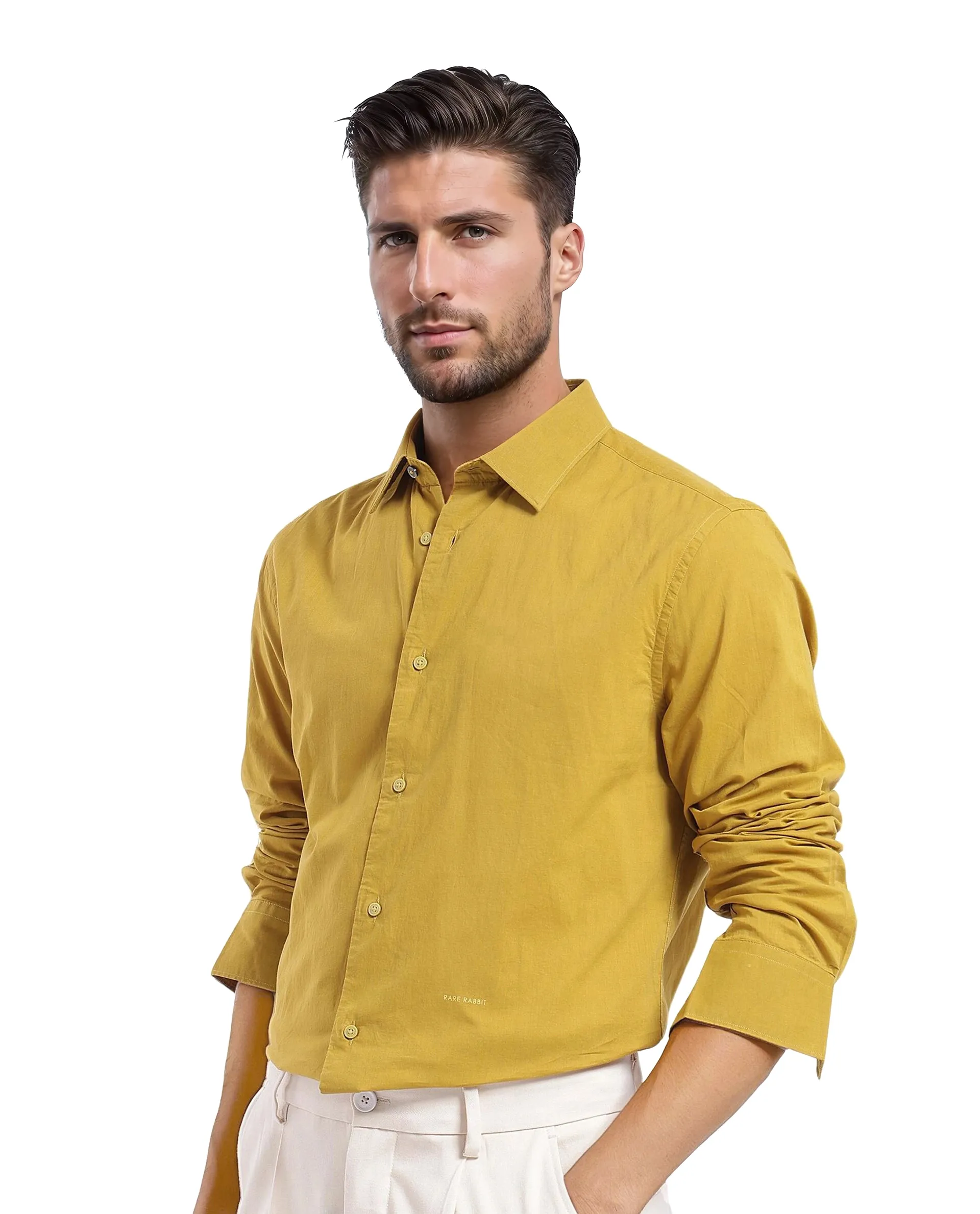 Rare Rabbit Men's Cambo-1 Mustard Cotton Plain Regular Fit Full Sleeve Collared Shirt - Image 5