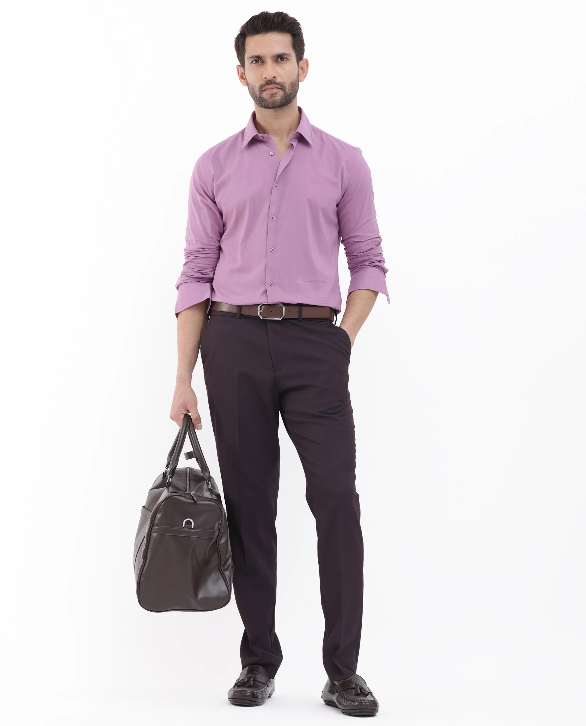 Rare Rabbit Men's Cambo Dusky Purple Cotton Plain Regular Fit Full Sleeve Collared Shirt - Image 2